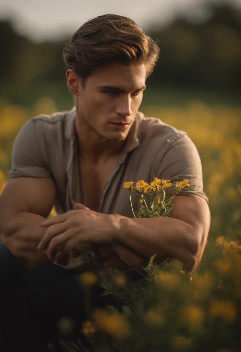 Envision a photograph of a male model standing in a field of lush purple flowers, inspired by the soft, poetic aesthetic of photographers like Bruce Weber or Herb Ritts, who often captured the intersection of nature and human form with a sensual, dreamlike quality. The model has a lean, toned build with a light dusting of chest hair, evoking a natural and earthy appeal. He holds a small cluster of purple flowers close to his face, covering one eye, creating an air of mystery and intimacy while also harmonizing with the surrounding floral environment.

The model stands upright in a slightly relaxed posture, his torso subtly angled to the camera, allowing the light to highlight the natural contours of his physique. His expression is serene and reflective, contributing to the tranquil atmosphere of the image. He wears only dark briefs, further emphasizing his connection to nature and the rawness of the moment.

The composition uses a medium framing, keeping the model’s upper body in focus while the background is rich with softly blurred greenery and wildflowers. The lighting is natural, with soft daylight illuminating the scene, creating warm tones on the model’s skin while enhancing the purples and greens in the environment. This gives the image a calm, almost surreal atmosphere, with the light and colors playing off each other harmoniously.

The camera is positioned at eye level, allowing the viewer to connect directly with the model, while a 50mm or 85mm prime lens would capture this scene beautifully, keeping the depth of field shallow to subtly blur the background while maintaining the sharpness of the model and the flowers he holds. This framing highlights the delicate balance between the rugged masculinity of the model and the softness of nature around him, drawing inspiration from classic fashion and fine art photography, where themes of nature, sensuality, and human connection intertwine seamlessly. The photograph could evoke a sense of peaceful contemplation,