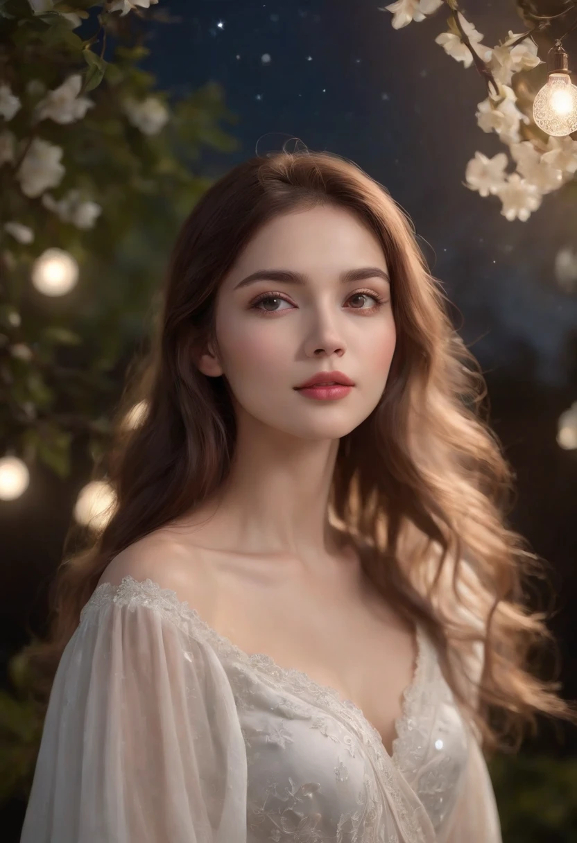 (best quality,4k,8k,highres,masterpiece:1.2),ultra-detailed,(realistic,photorealistic,photo-realistic:1.37),A girl under the white moonlight,shining silver moonlight on her flawless face,long flowing hair glimmering in the soft moonbeams,her bright eyes reflecting the serenity of the night,mysterious shadows playing on her delicate skin, ethereal beauty like a celestial goddess's,her elegant figure wrapped in a flowing white dress, the fabric billowing gently in the night breeze,a garden of white flowers surrounding her, their petals glowing in the moonlight,sparkling stars scattered across the dark night sky,trees standing tall in the background, their branches reaching towards the moon,the air filled with a sense of peace and tranquility,gentle moonlight casting a soft glow on everything, creating a dreamlike atmosphere,the girl emanating a sense of calm and serenity, creating a captivating scene.