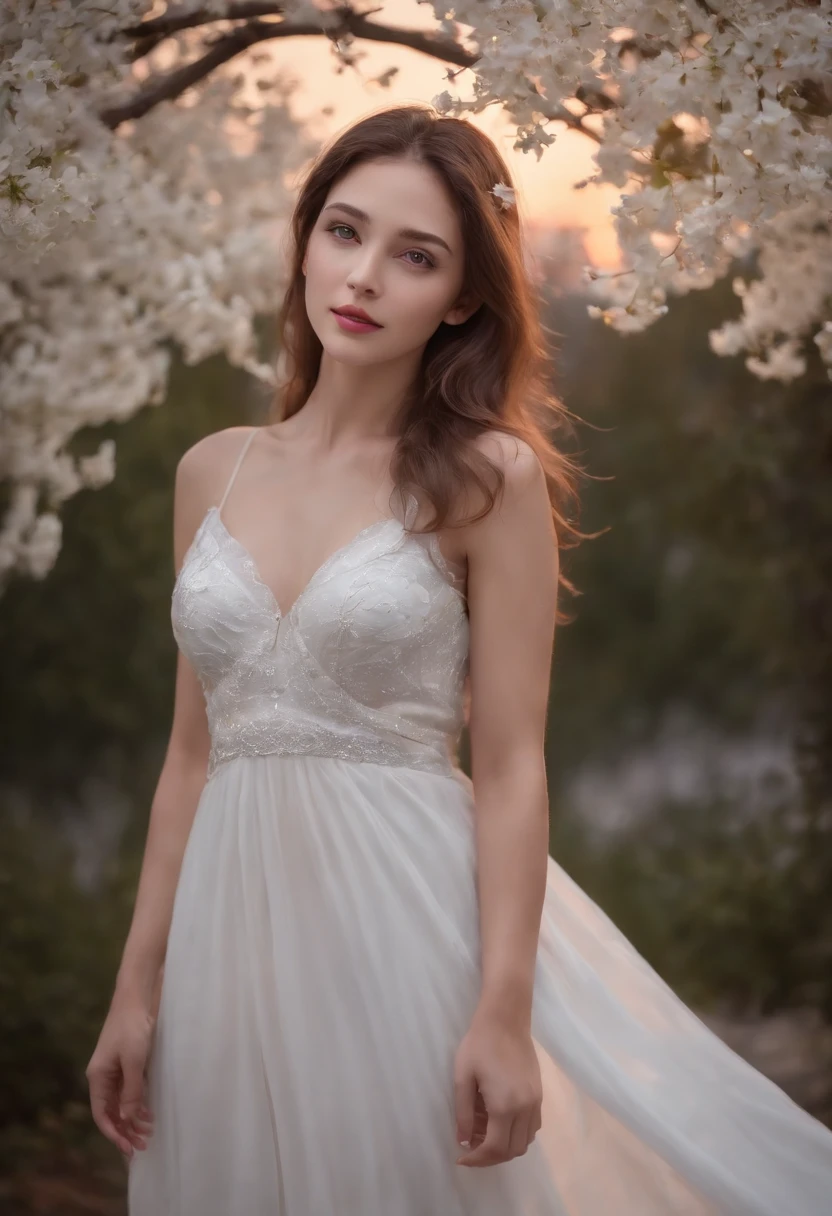(best quality,4k,8k,highres,masterpiece:1.2),ultra-detailed,(realistic,photorealistic,photo-realistic:1.37),A girl under the white moonlight,shining silver moonlight on her flawless face,long flowing hair glimmering in the soft moonbeams,her bright eyes reflecting the serenity of the night,mysterious shadows playing on her delicate skin, ethereal beauty like a celestial goddess's,her elegant figure wrapped in a flowing white dress, the fabric billowing gently in the night breeze,a garden of white flowers surrounding her, their petals glowing in the moonlight,sparkling stars scattered across the dark night sky,trees standing tall in the background, their branches reaching towards the moon,the air filled with a sense of peace and tranquility,gentle moonlight casting a soft glow on everything, creating a dreamlike atmosphere,the girl emanating a sense of calm and serenity, creating a captivating scene.