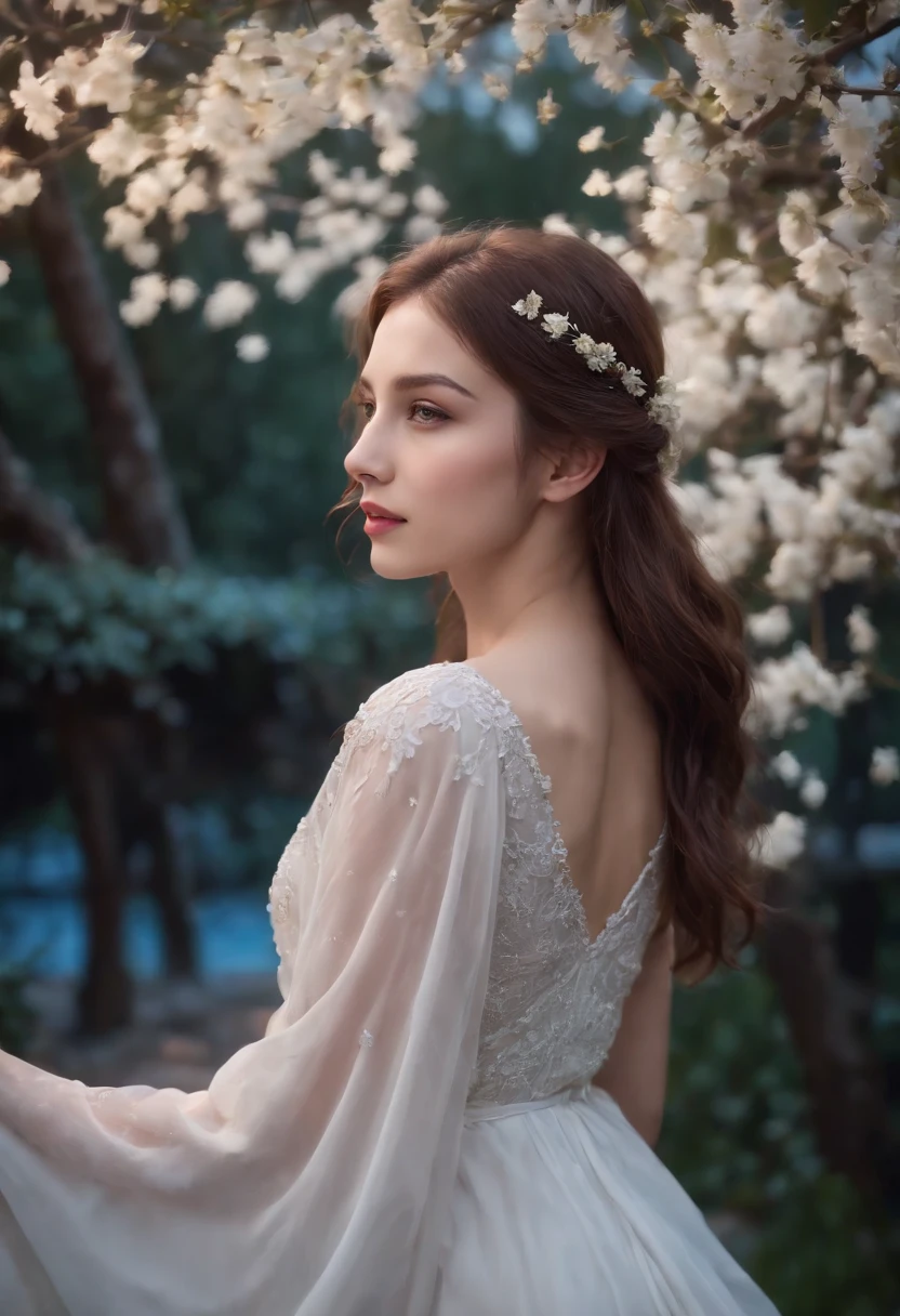 (best quality,4k,8k,highres,masterpiece:1.2),ultra-detailed,(realistic,photorealistic,photo-realistic:1.37),A girl under the white moonlight,shining silver moonlight on her flawless face,long flowing hair glimmering in the soft moonbeams,her bright eyes reflecting the serenity of the night,mysterious shadows playing on her delicate skin, ethereal beauty like a celestial goddess's,her elegant figure wrapped in a flowing white dress, the fabric billowing gently in the night breeze,a garden of white flowers surrounding her, their petals glowing in the moonlight,sparkling stars scattered across the dark night sky,trees standing tall in the background, their branches reaching towards the moon,the air filled with a sense of peace and tranquility,gentle moonlight casting a soft glow on everything, creating a dreamlike atmosphere,the girl emanating a sense of calm and serenity, creating a captivating scene.