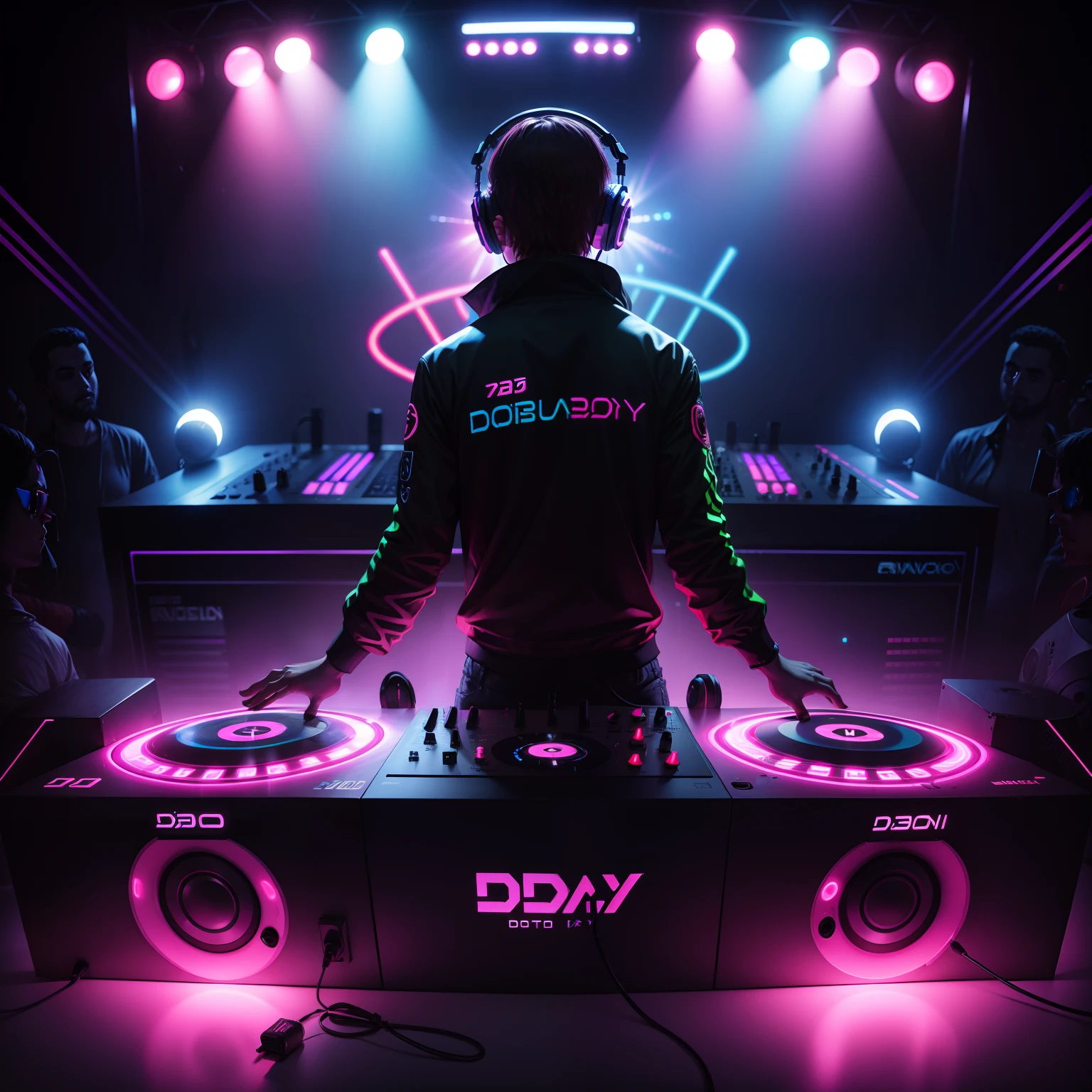 Detalhado DJ Boy DJ Controller com Neon, Super vibrant music lights.