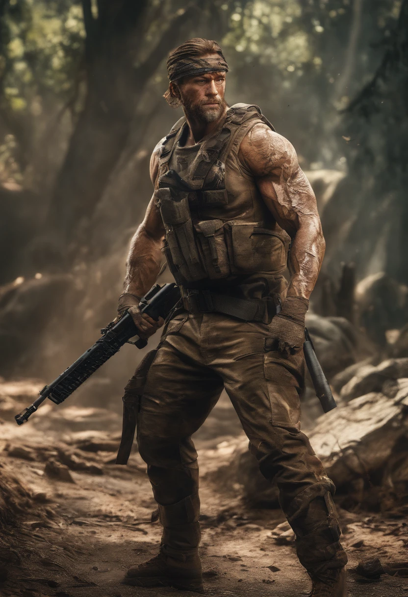 (best quality,4k,8k,highres,masterpiece:1.2),ultra-detailed,(realistic,photorealistic,photo-realistic:1.37),Wampus Cat ,action hero,muscular body,ripped muscles,confident expression,strong jawline,intense gaze,fierce determination,signature headband,battle-worn camouflage clothing,commando knife,bandolier,assault rifle,explosions in the background,dense jungle setting,sweat glistening on the skin,muddy terrain,stealthy approach,color grading with earthy tones,dynamic lighting creating dramatic shadows,gritty details,high contrast,adrenaline-filled atmosphere,blurred background emphasizing motion,iconic pose,strong highlights,deep shadows,man versus nature,rough textures,explosive action sequence,wide-angle perspective,cinematic feel,heroic proportions,imposing presence,unrelenting a wampus cat warrior as the ultimate action legend