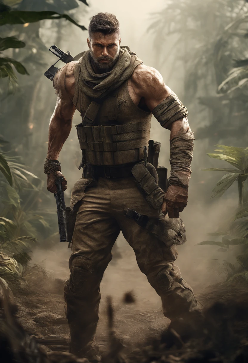 (best quality,4k,8k,highres,masterpiece:1.2),ultra-detailed,(realistic,photorealistic,photo-realistic:1.37),Wampus Cat ,action hero,muscular body,ripped muscles,confident expression,strong jawline,intense gaze,fierce determination,signature headband,battle-worn camouflage clothing,commando knife,bandolier,assault rifle,explosions in the background,dense jungle setting,sweat glistening on the skin,muddy terrain,stealthy approach,color grading with earthy tones,dynamic lighting creating dramatic shadows,gritty details,high contrast,adrenaline-filled atmosphere,blurred background emphasizing motion,iconic pose,strong highlights,deep shadows,man versus nature,rough textures,explosive action sequence,wide-angle perspective,cinematic feel,heroic proportions,imposing presence,unrelenting a wampus cat warrior as the ultimate action legend