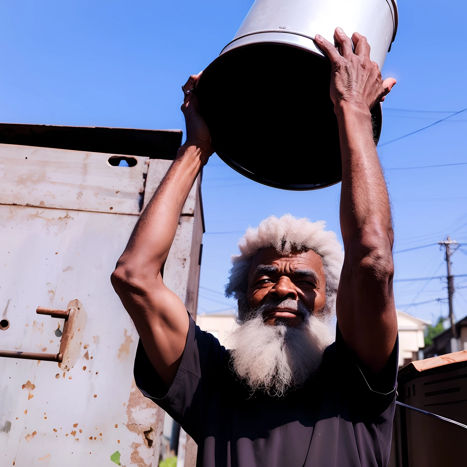Elderly black man holds metal trash can above head