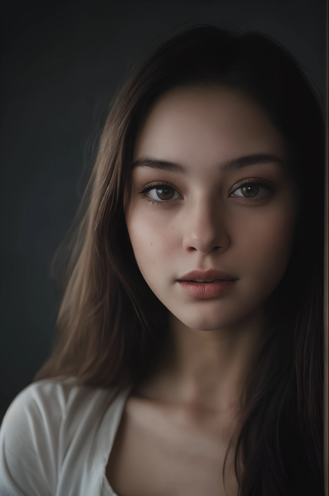 (close-up, editorial photograph of a 21 year old woman), (highly detailed face:1.4) (smile:0.7) (background inside dark, moody, private study:1.3) POV, by lee jeffries, nikon d850, film stock photograph ,4 kodak portra 400 ,camera f1.6 lens ,rich colors ,hyper realistic ,lifelike texture, dramatic lighting, strong contrast, cinestill 800