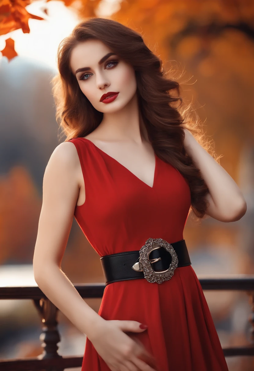 A brown hair sexy girl, Posing girl , Blue big eyes , Makeup, Red white dress with black styled belt , Belt engravings, White shoes ,Outside ,Autumn , red theme,Future urban background。Resolution 1920*1080