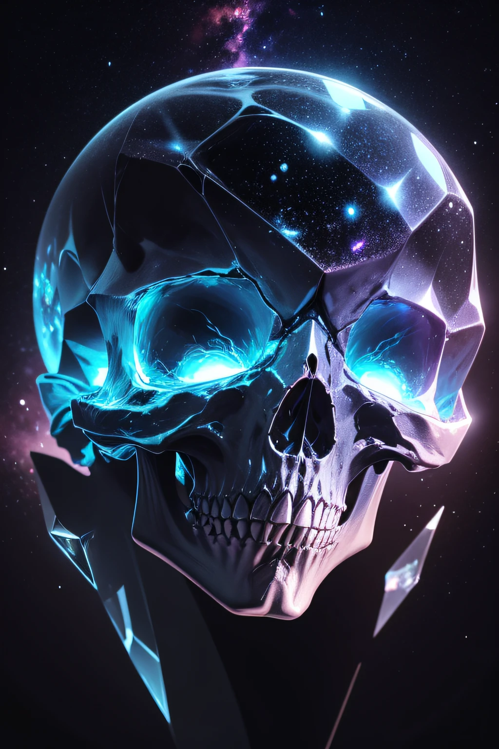 a very detailed, structured and magnificent crystal alien deformed skull allows a glimpse of the very detailed galaxy and the stars inside it, it is slightly broken