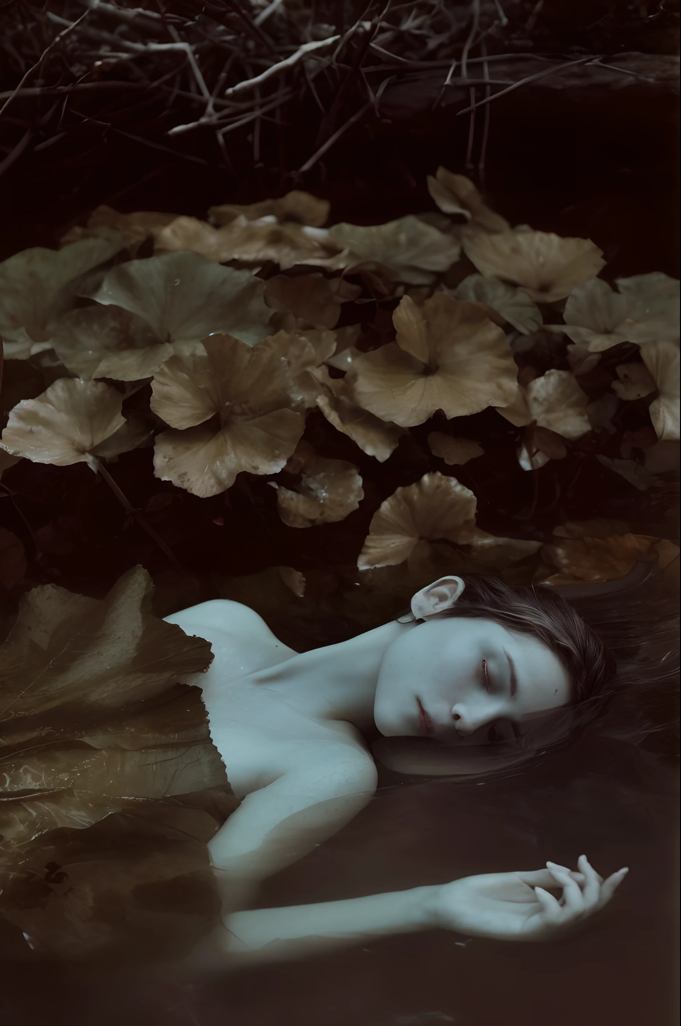 there is a woman laying in the water with her head in the water, monia merlo, inspired by Elsa Bleda, inspired by Brooke Shaden, ophelia, alessio albi, brooke shaden detailed, photography alexey gurylev, inspired by Katia Chausheva, photography alexey kurylev, inspired by irakli nadar