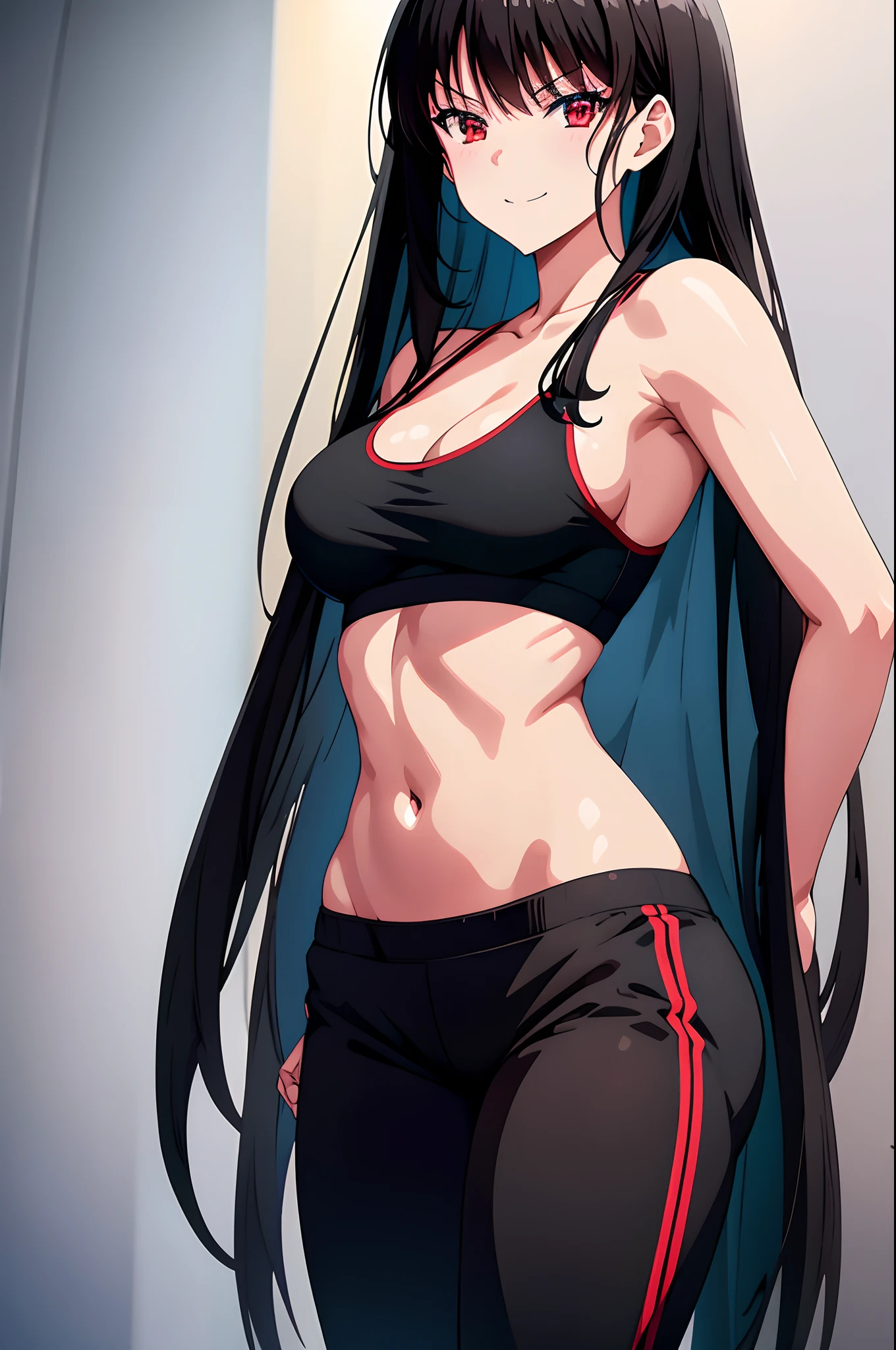 black hair,red eyes,masterpiece, best quality, photorealistic, yujiasuit, yoga sports bra, yoga pants, 1girl, solo, , yoga ball, pants, looking at viewer, smile, green sports bra, simple background, , midriff, long hair, breasts, green pants, sportswear, tank top, upper body