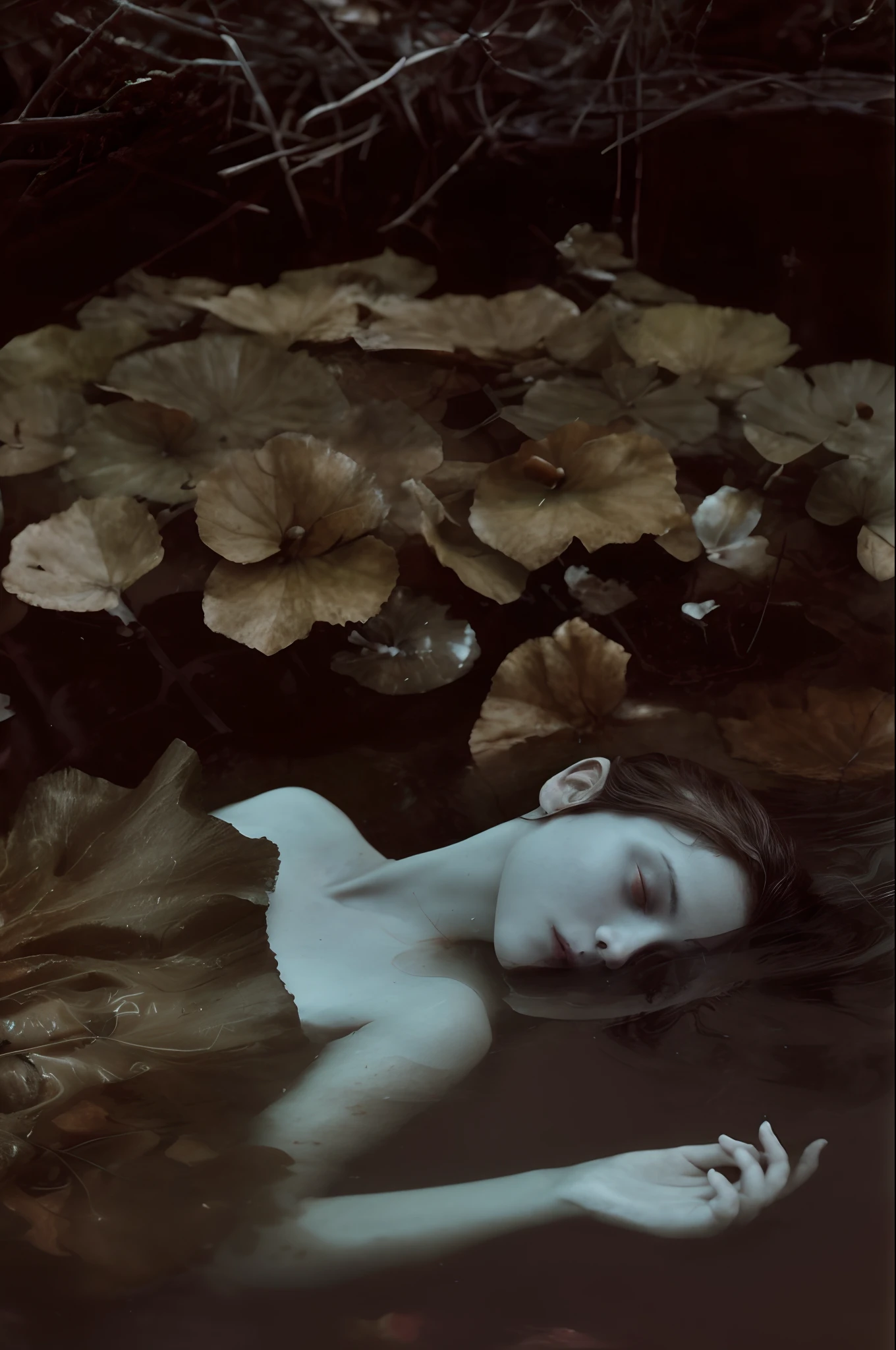 there is a woman laying in the water with her head in the water, monia merlo, inspired by Elsa Bleda, inspired by Brooke Shaden, ophelia, alessio albi, brooke shaden detailed, photography alexey gurylev, inspired by Katia Chausheva, photography alexey kurylev, inspired by irakli nadar