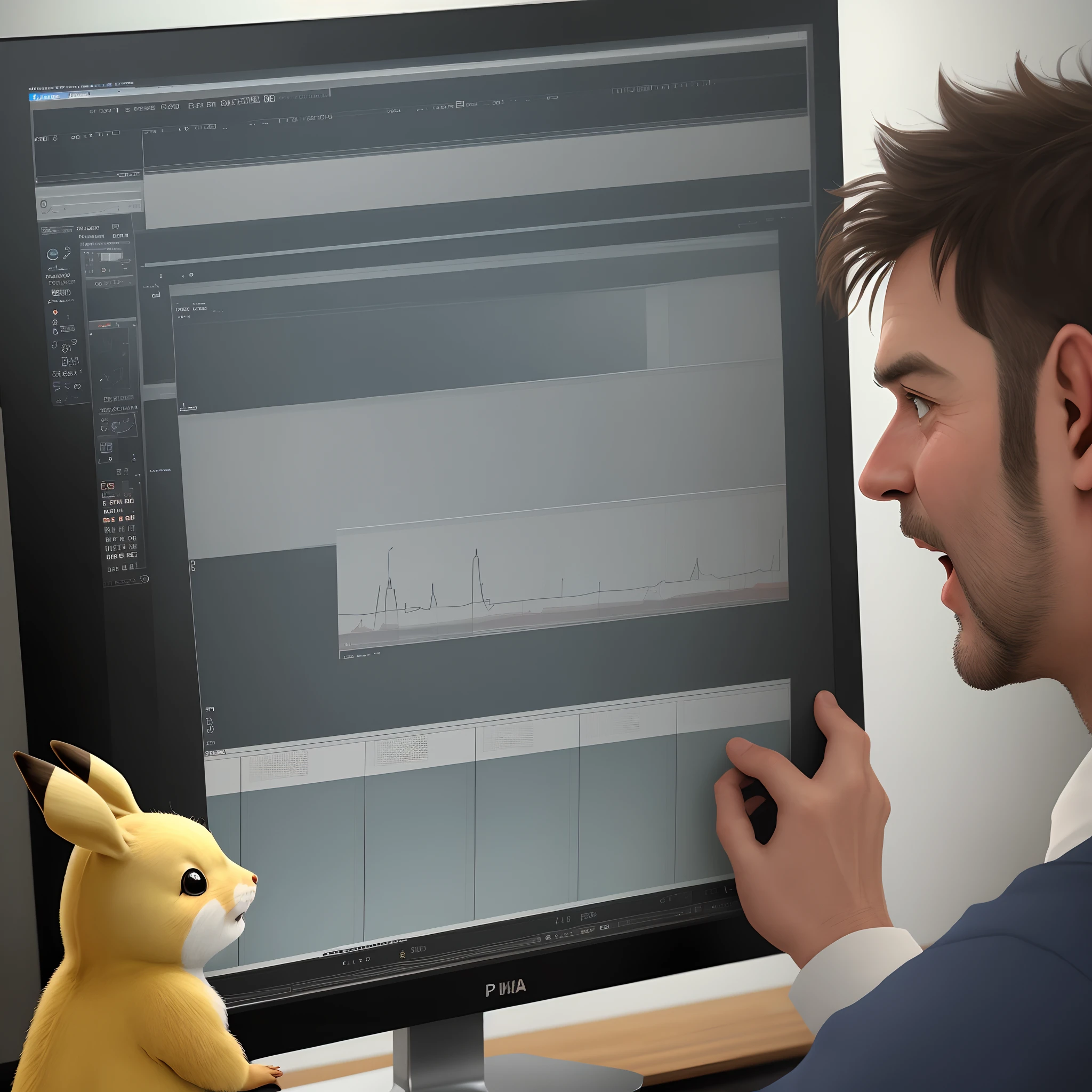 A 40-year-old video editor man looks at a screen that says "Pika" with enthusiasm