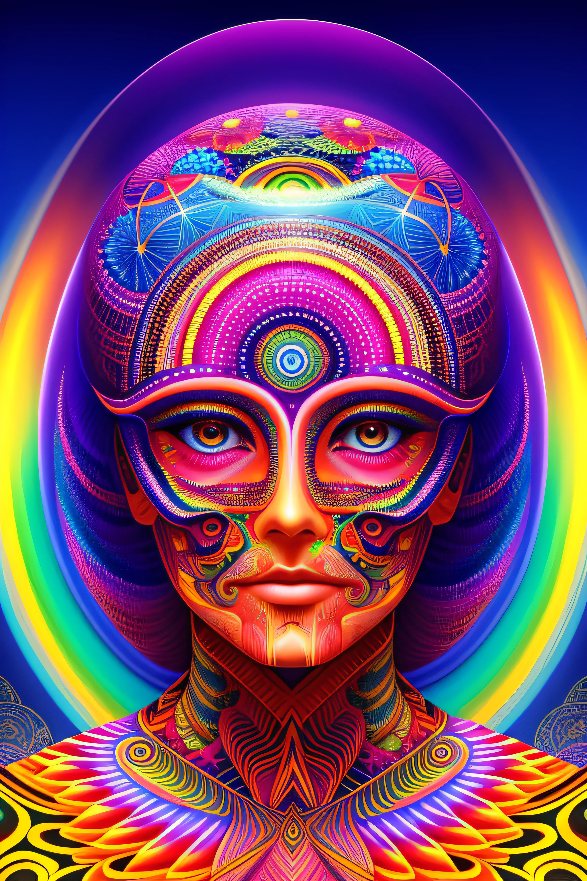 Sexy skinny young girl with perfect oval breasts, wearing glasses, tight leather straps on the thighs, cinematic, realistic, ultra 4k, ((full body)), detailed, perfect fingers, beautiful woman: 1.3, beautiful face with good sharpness, full body, saturated colors, psychedelic image, LSD, mandala, fractral, costume, tattoo, painted body, art similar to Alex Grey's art, lots of color saturation,  vortex, planet earth, galaxy, with lots of lighting, shading and contrast, eyes well centered and with contrast, 3D depth, no clothes