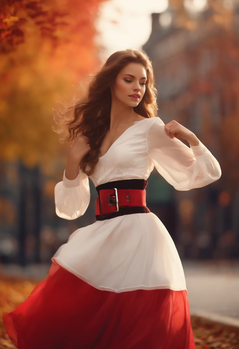 A brown hair sexy girl, Dancing girl , Green eyes , Makeup, Red white dress with black styled belt , Belt engravings, White shoes ,Outside ,Autumn , red theme,Future urban background。Resolution 19201080