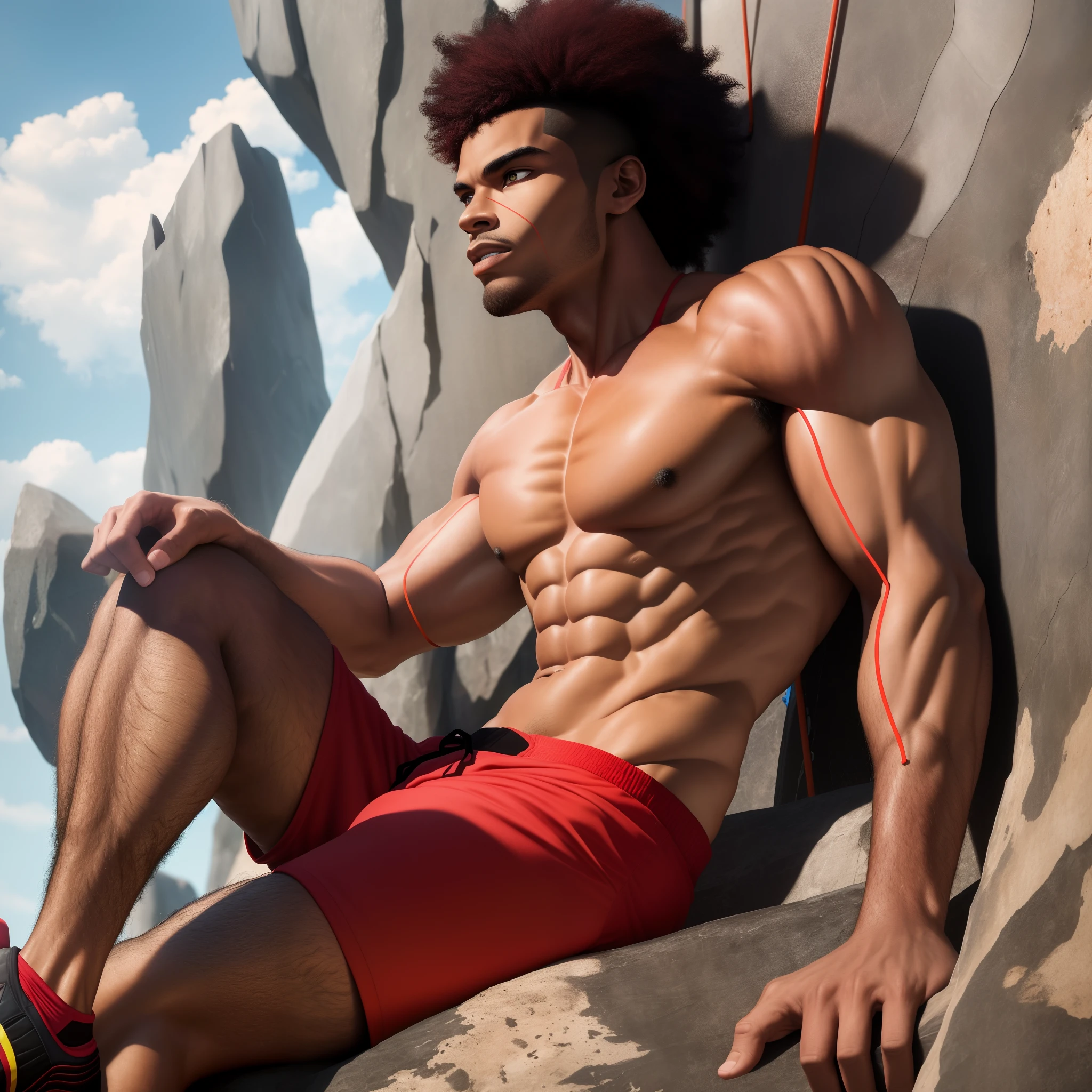 (dramatic illumination, dynamic angle, intense color contrast), (muscular young black man with black afro hair: 1.2), (shirtless, wearing red athletic shorts 1.1), (outdoors, climbing artificial rock-climbing wall: 1.2), ((two legs))