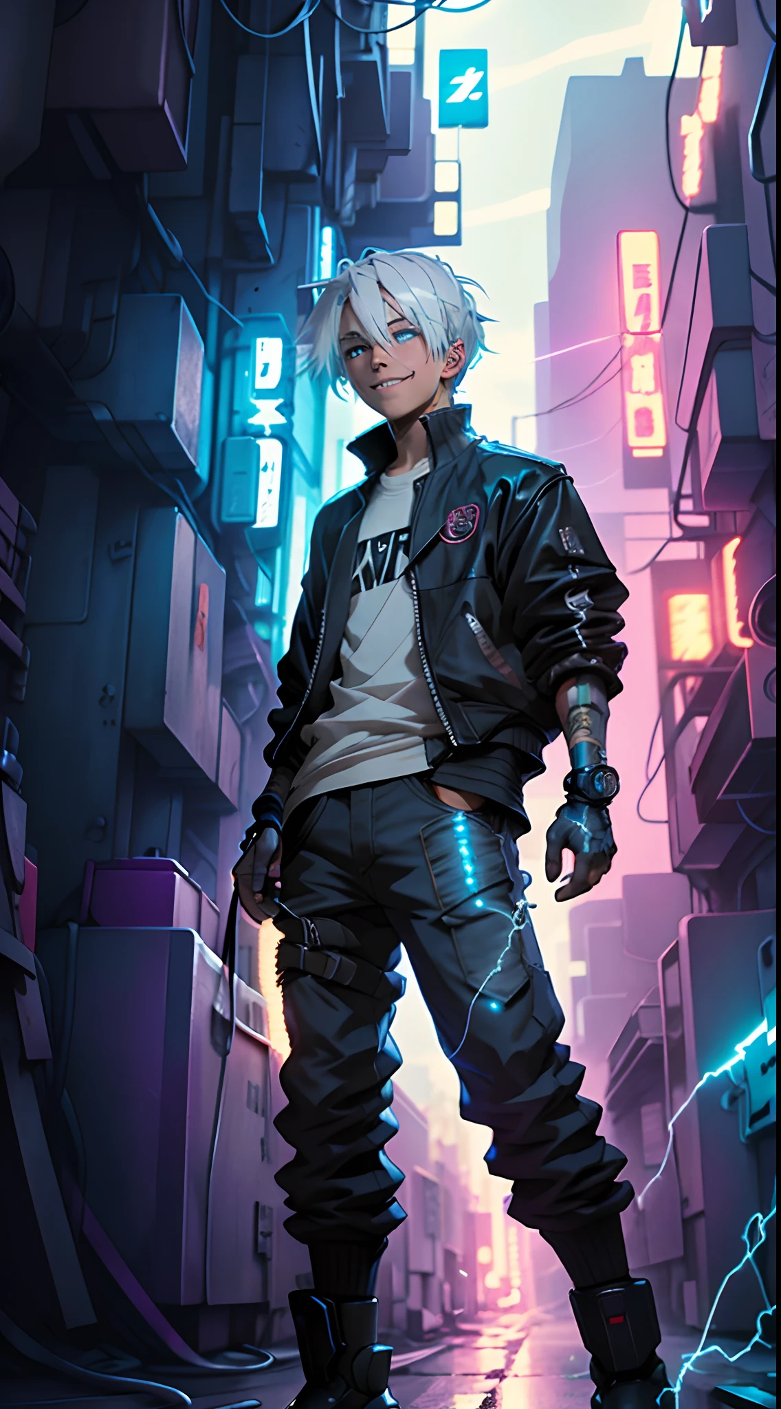 Masterpiece, 1boy, smiling, Anime boy wearing cyberpunk streetwear, Silver hair, detailed blue eyes, The effect of electricity coming out of the body, dramatic background, dinamic lighting, vivid colours, style by makato shinkai.
