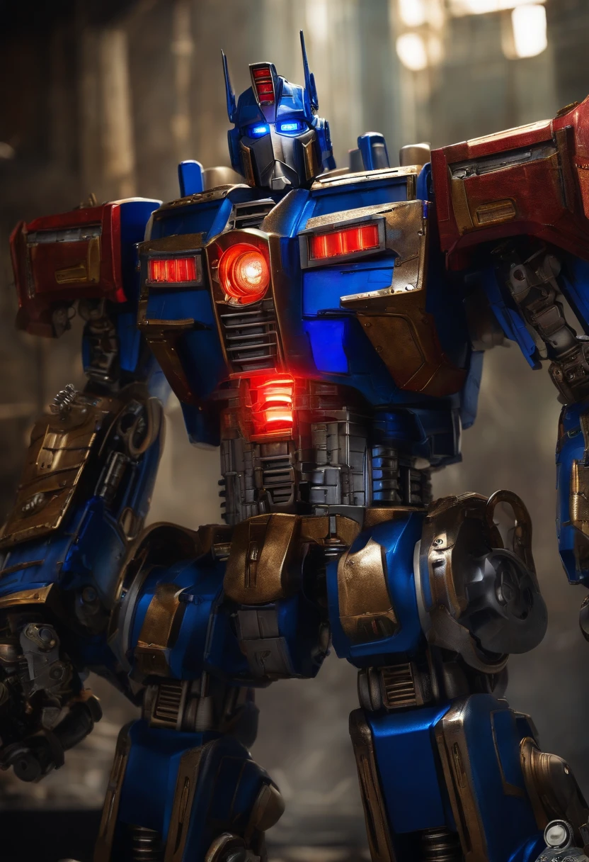 Super realistic steampunk Optimus prime glowing blue eyes
