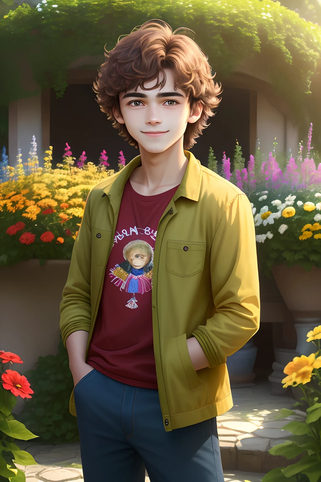 (best quality,4k,8k,highres,masterpiece:1.2),ultra-detailed,realistic:1.37,short Brazilian teenager,funny expression,-yeld,jol,short brown beard,disheveled brown hair,red shirt,green jacket,navy blue pants,present day,stoic,brave expression,confident posture,cheerful demeanor,friendly smile,lively eyes,garden setting,lush greenery,vibrant flowers,bright sunlight,warm atmosphere,natural lighting,crisp and clear details,beautiful scene,unforgettable moment,vivid colors,playful spirit.