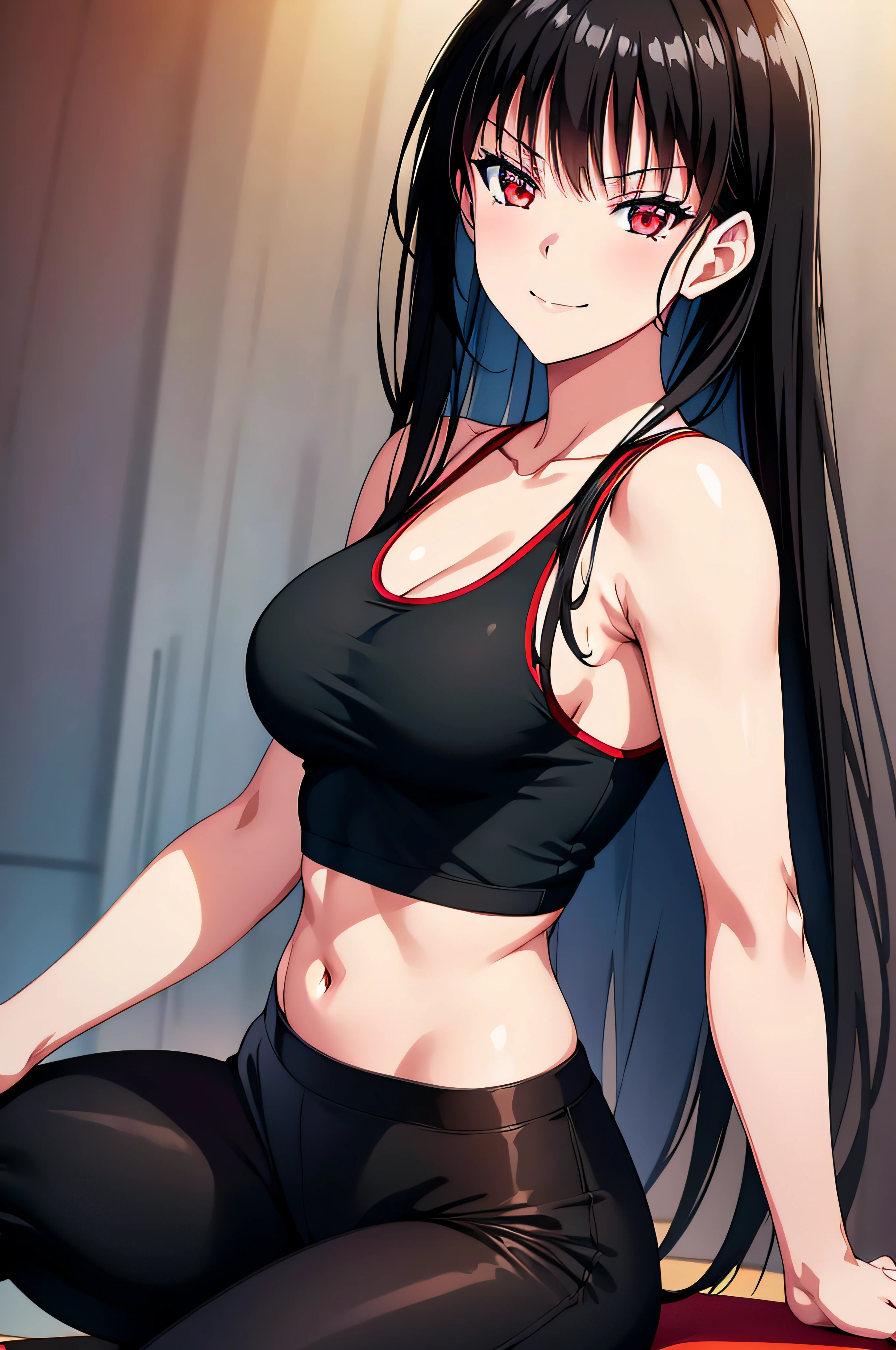 black hair,red eyes,masterpiece, best quality, photorealistic, yujiasuit, yoga sports bra, yoga pants, 1girl, solo, , yoga ball, pants, looking at viewer, smile, green sports bra, simple background, , midriff, long hair, breasts, green pants, sportswear, tank top, upper body