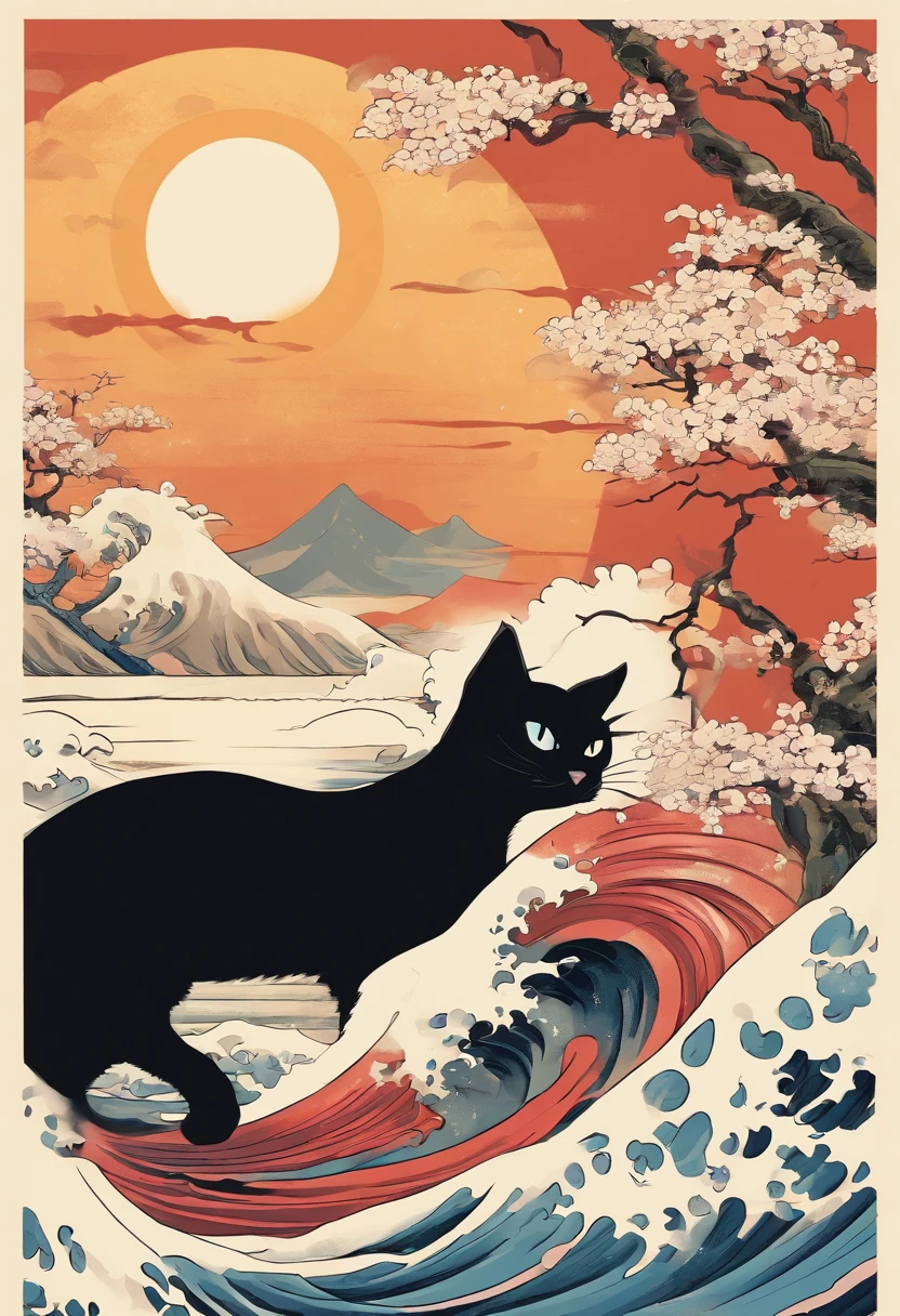 black cat with antique japanese painting and the great wave