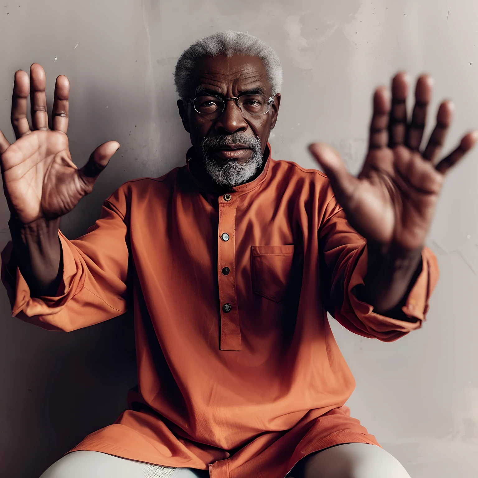 Elderly black man raises his hands angrily