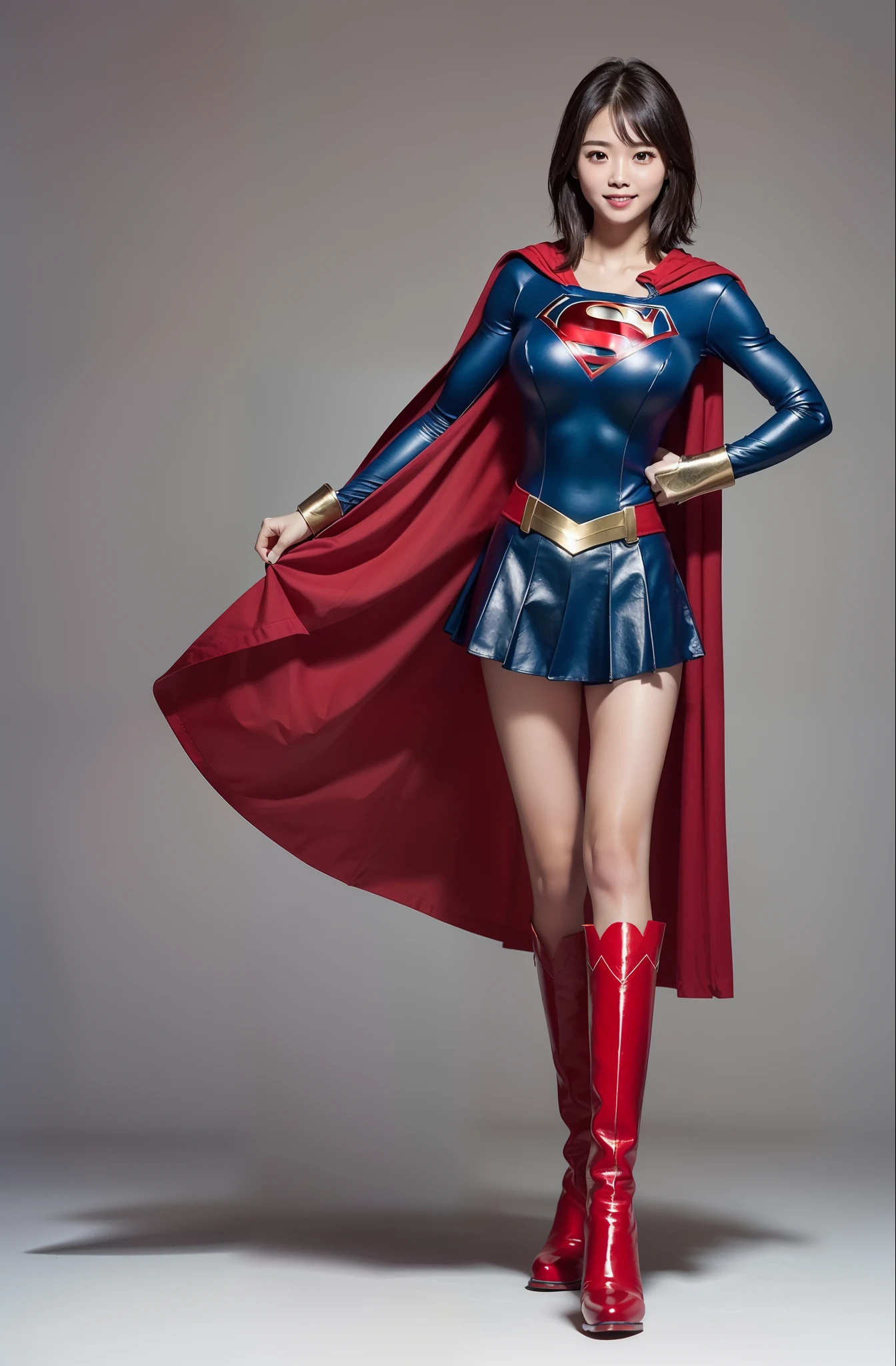 Be sure to wear black tights、(((Make the most of the original image)))、(((Supergirl Costume)))、(((shiny short hair)))、(((Suffering)))、(((Feet must necessarily be worn with black tights)))、(((Smile)))、(((You need to wear red boots)))、((Top image quality、8K))、((top-quality、8K、​masterpiece:1.3))、(((Keep your background simple)))、Crisp focus:1.2、Beautiful woman with perfect body shape:1.4、Slender Abs:1.2、((layers-Cut、large boob:1.2))、a wet body:1.5、Highly detailed facial and skin texture、