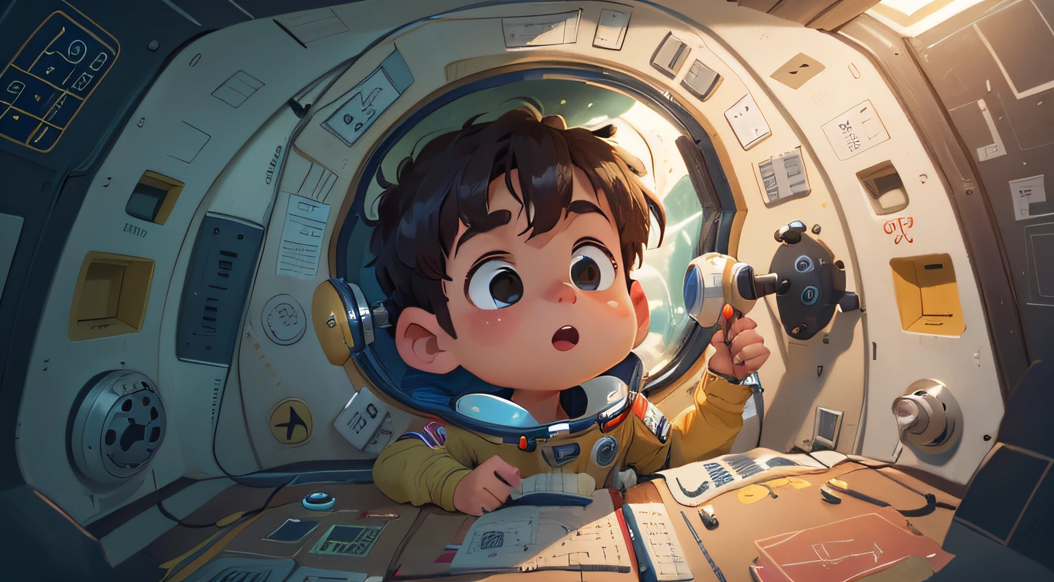 Pequeno menino astronauta, realista, alta qualidade, imagem detalhada, 4k, corpo inteiro
