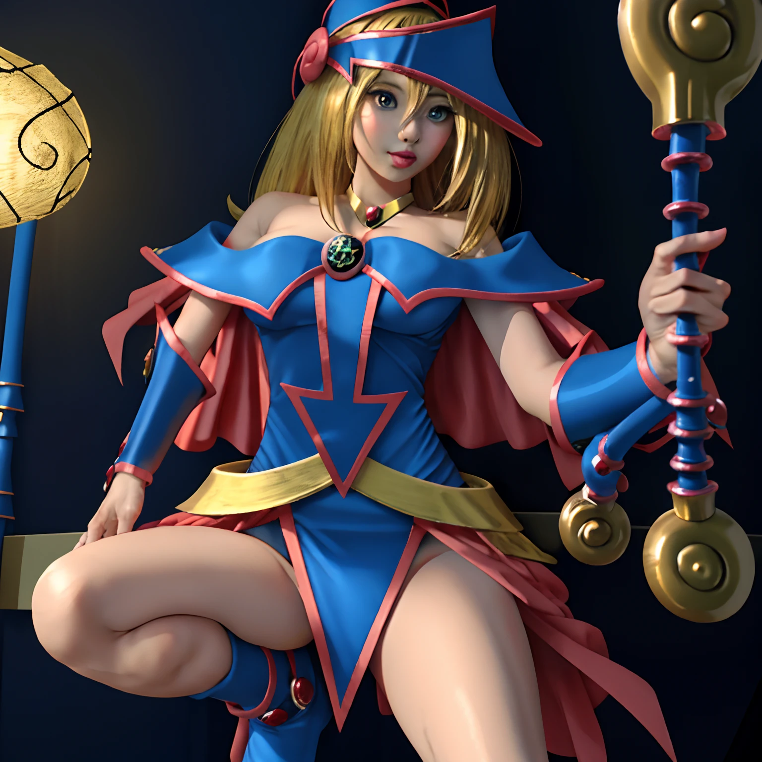 ((Maga Oscura)) cabello largo y rubio, ojos azules,Pegatinas de rubor, toenail polish, Sombrero de mago, ((yu-gi-oh! estilo)), hombros desnudos.
(larga distancia ) Body completed standing
The Magical Race, Monstruo de duelo
((Great hexagram magic circle))
ultra realista, 8k UHD, alta calidad. Dark magician girl