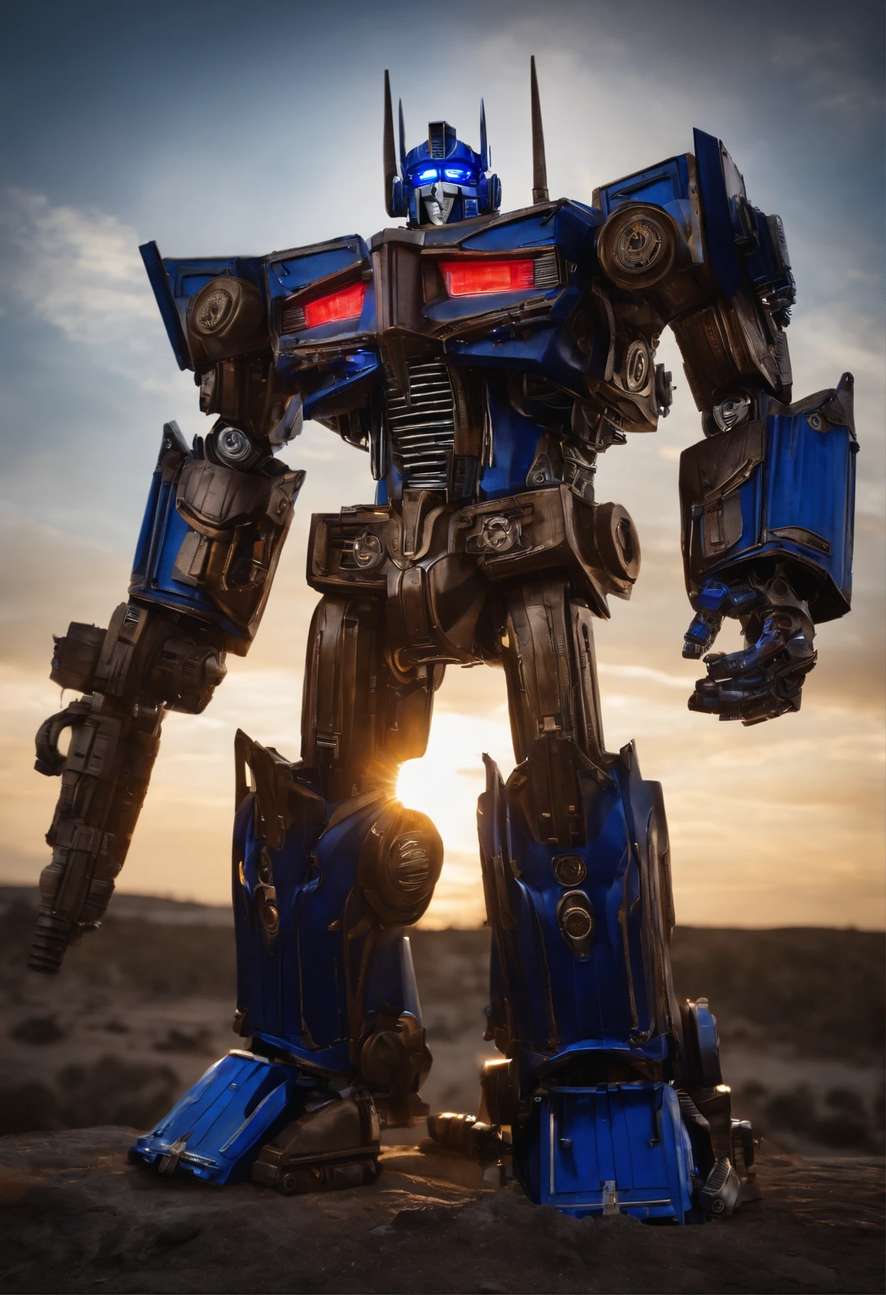 Super realistic steampunk Optimus prime glowing blue eyes