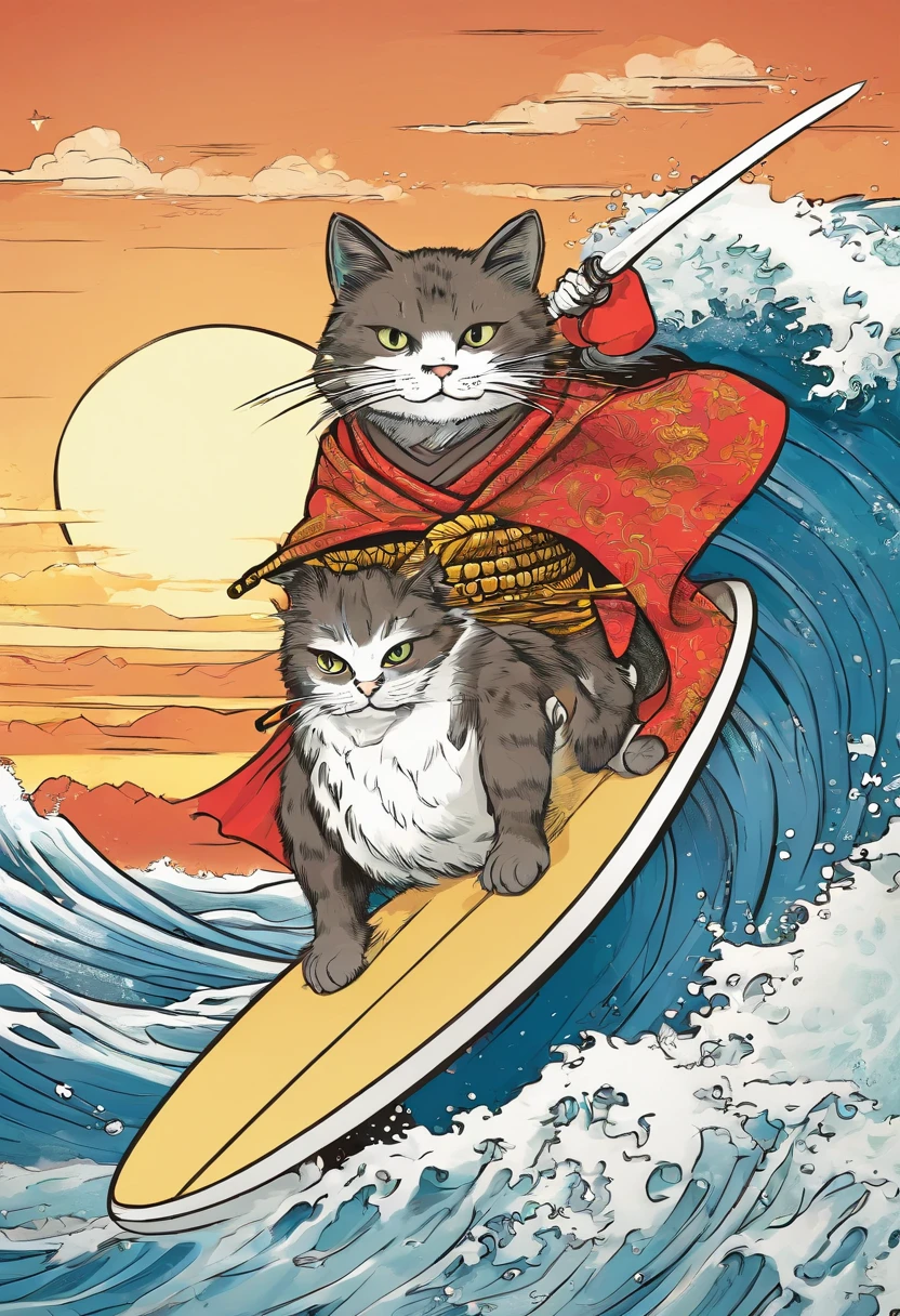 samurai cat riding surfing on the great wave