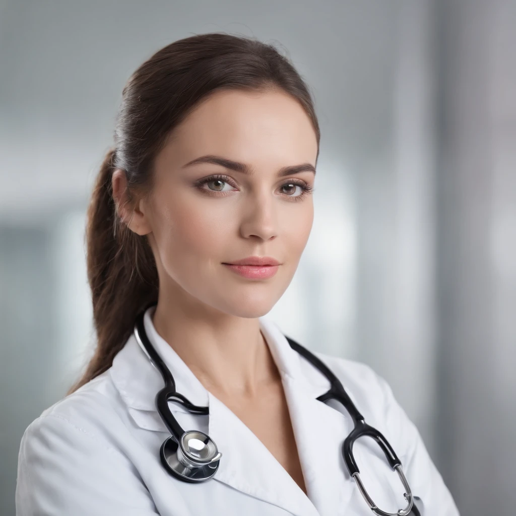 Uma garota super bonita de 28 anos com longos cabelos lisos ruivos, pele branca se parece com leite ou, olhos azuis escuros penetrantes com um olhar forte e marcante, corpo esguio, um pouco de bochecha gordinha, pink lips, professional medical lab coat, stethoscope in the neck,Deep Lab .