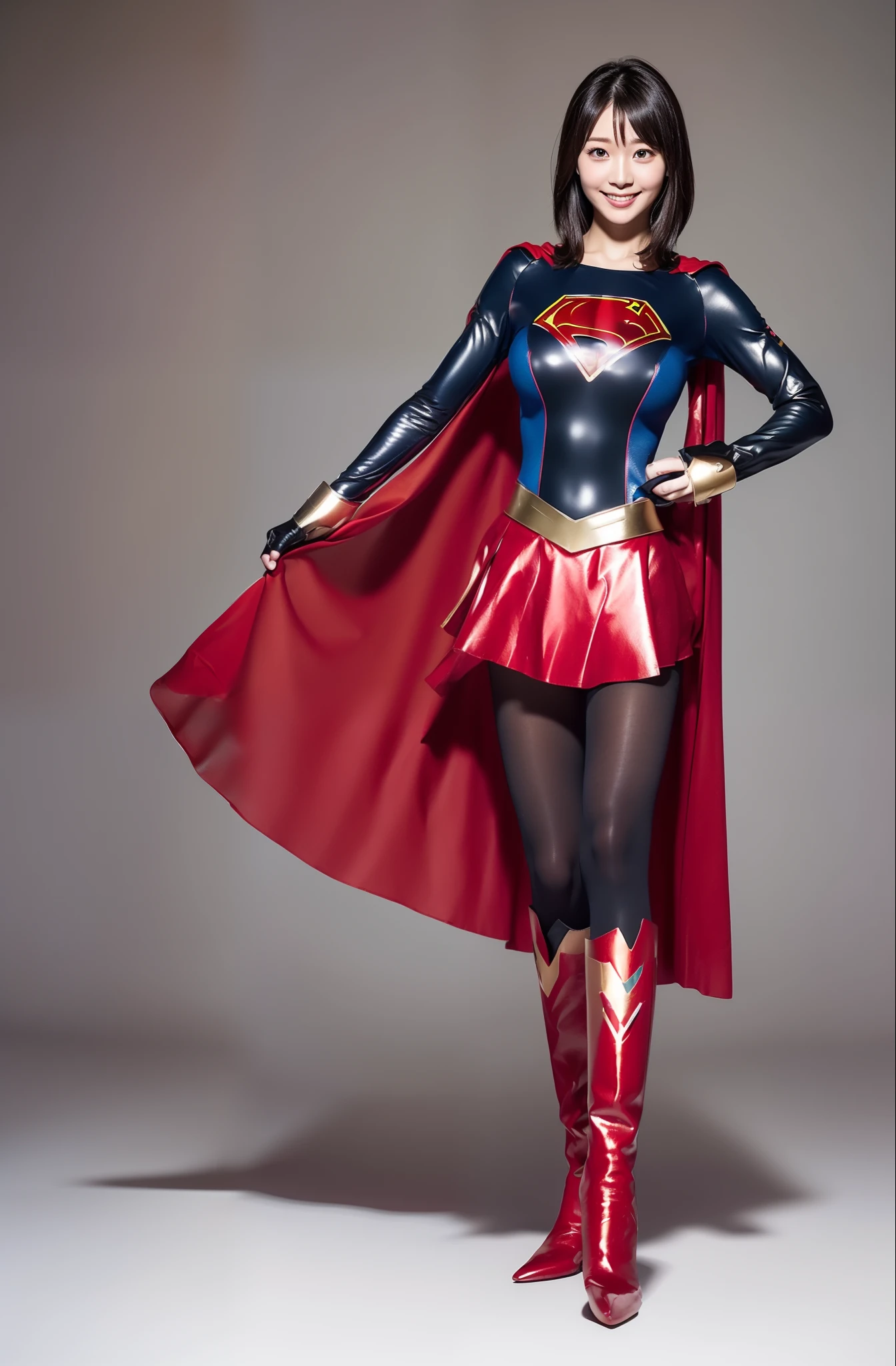 Mulher bonita cabelo preto curto corpo definido, seios grandes, (vestindo cosplay de Supergirl), olhando pra camera, pouca roupa, (seios a mostra), (bunda grande), (((saia curta mostrando parte intima marcada))), perfeita