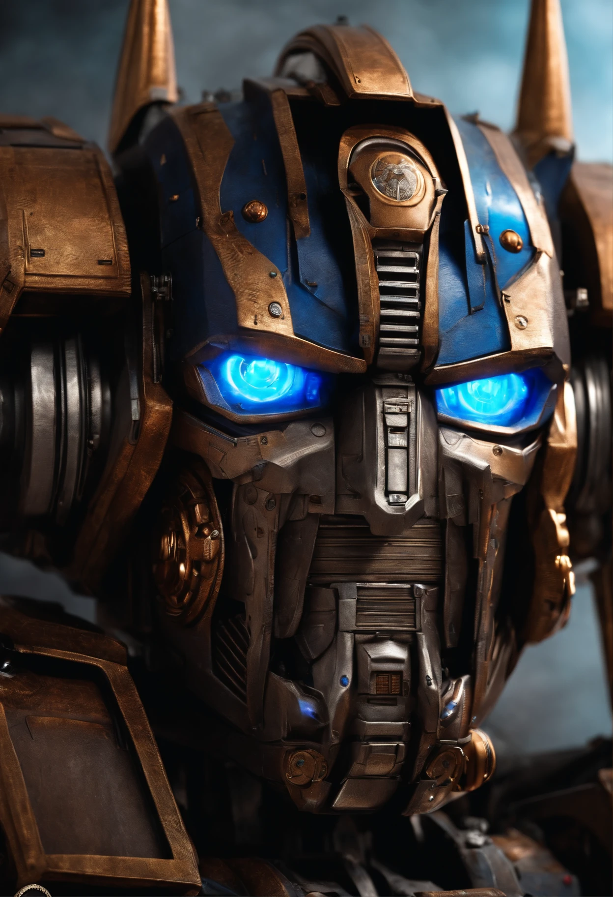 Super realistic steampunk Optimus prime glowing blue eyes