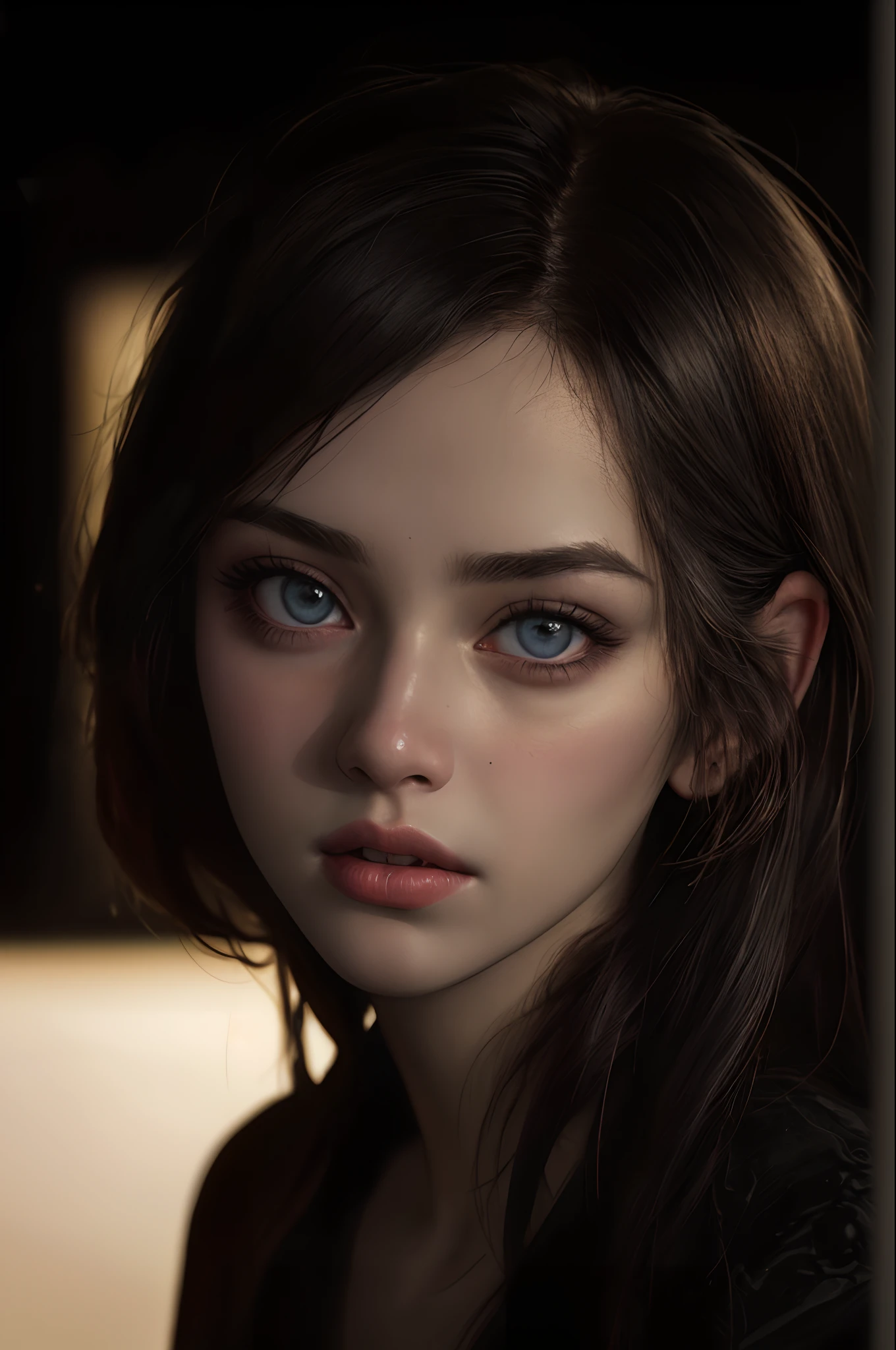 (close-up, editorial color photograph of a 21 year old woman), (highly detailed face:1.4) (background inside dark, moody, private study:1.3) POV, by lee jeffries, nikon d850, film stock photograph ,4 kodak portra 400 ,camera f1.6 lens ,rich colors ,hyper realistic ,lifelike texture, cinematic lighting, strong contrast, cinestill 800