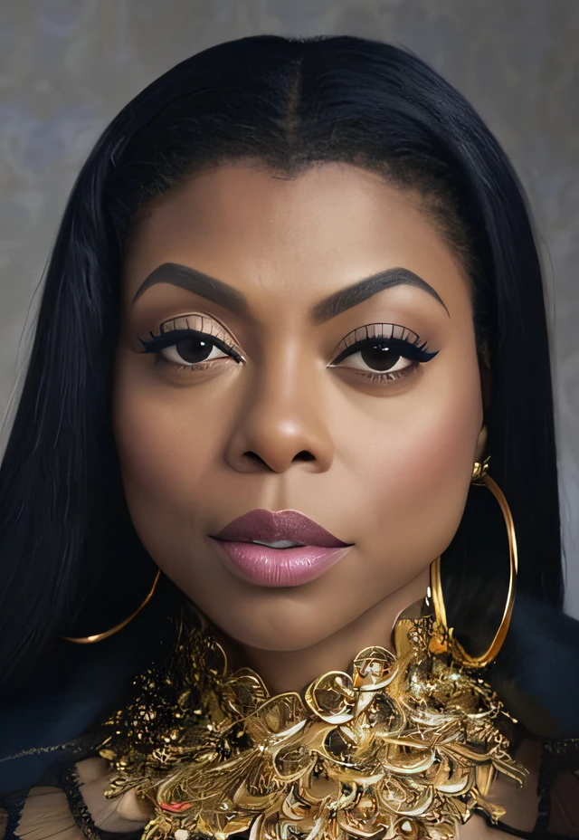 um close up da atriz Taraji Penda Henson uma negra mulher com um colar de ouro e brincos, arte do designer, foto da atriz Taraji Penda Henson mulher negra, feminilidade", diva, obra-prima', atriz Taraji Penda Henson, rainha bonita, Obra-prima da arte, reads beautifully, arte bonita, foto promocional, Foto promocional, dramatic ", dramatic", emocionalmente sugestivo, Imagem promocional, taken in the early 2020s, inspiration