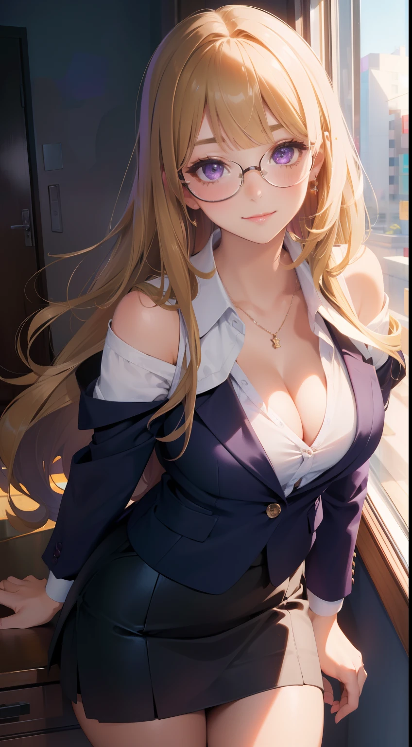 (Best quality:1.1), (Masterpiece:1.2), Highqualityshadow, Beautiful detailed, Beautiful face, Detailed eyes, Off-the-shoulder attire,Depth of field, A high resolution, Best shadow, Best illumination, 1girll, view the viewer, (Blonde hair:1.3),short detailed hair, Blunt bangs, Long hair, Purple eyes, Shy, Large breasts, Miniskirt, blouse, Blazer, Pump, Office Lady, Glasses,cleavage,looks into camera,ssmile,closeup cleavage