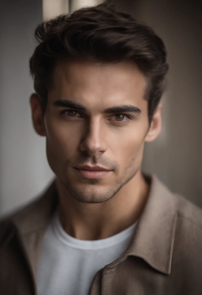 A handsome boy with abs, 25 years old, brown spiky hair, light hazel brown eyes, masculine pose, mysterious lighting, muscular physique, looking into the camera, upper body close up, polish, 8k UHD, SLR camera, soft lighting, high quality, film grain, Fujifilm XT3