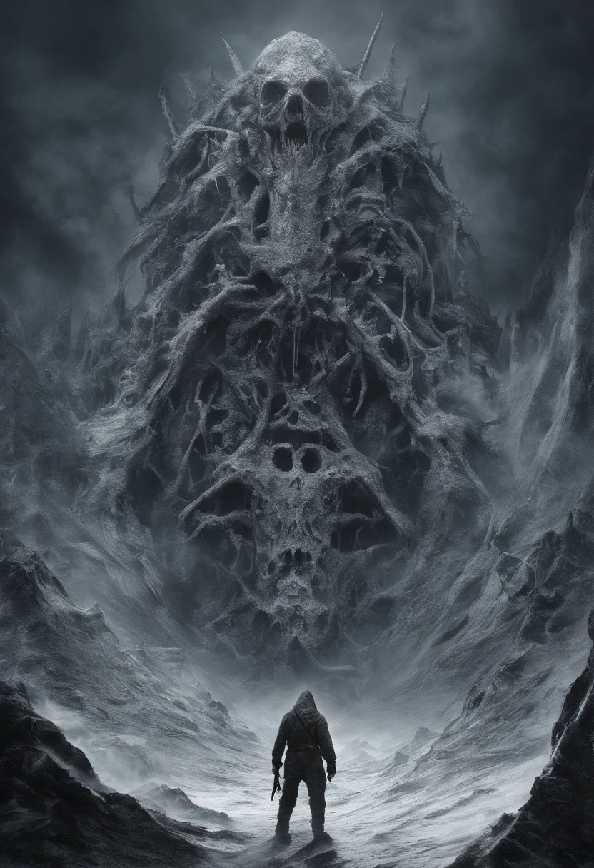 Icy mountain with various undead monsters like glowing, red-eyed skeletons and zombies, montanhas densas com gelo seco espalhado por todo local, gelo seco emitindo vapor e gases por todas as montanhas geladas, various monster constructions around the site, obra prima, mais alta qualidade.