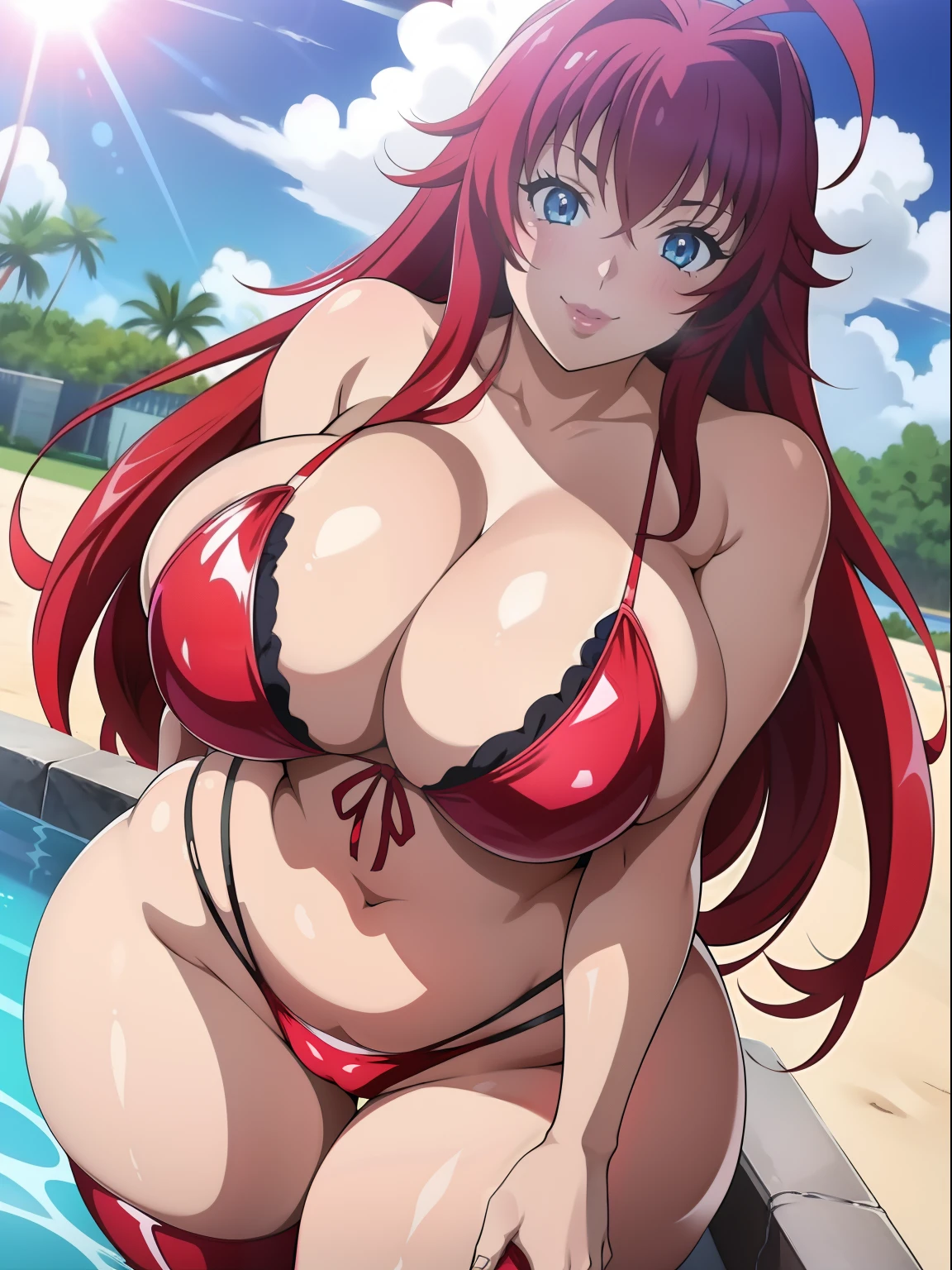 Highschool dxd, Rias Gremory, 1girl, (((bimbo))), blue eyes, puffy lips, painted lips, thick lips, wide hips, thick thighs, big breast, huge ass, revealing cleavage, erotic, smile face, bubble butt, camel toe, breasts, huge breasts, pink bikini, pool, sun bathing, sun