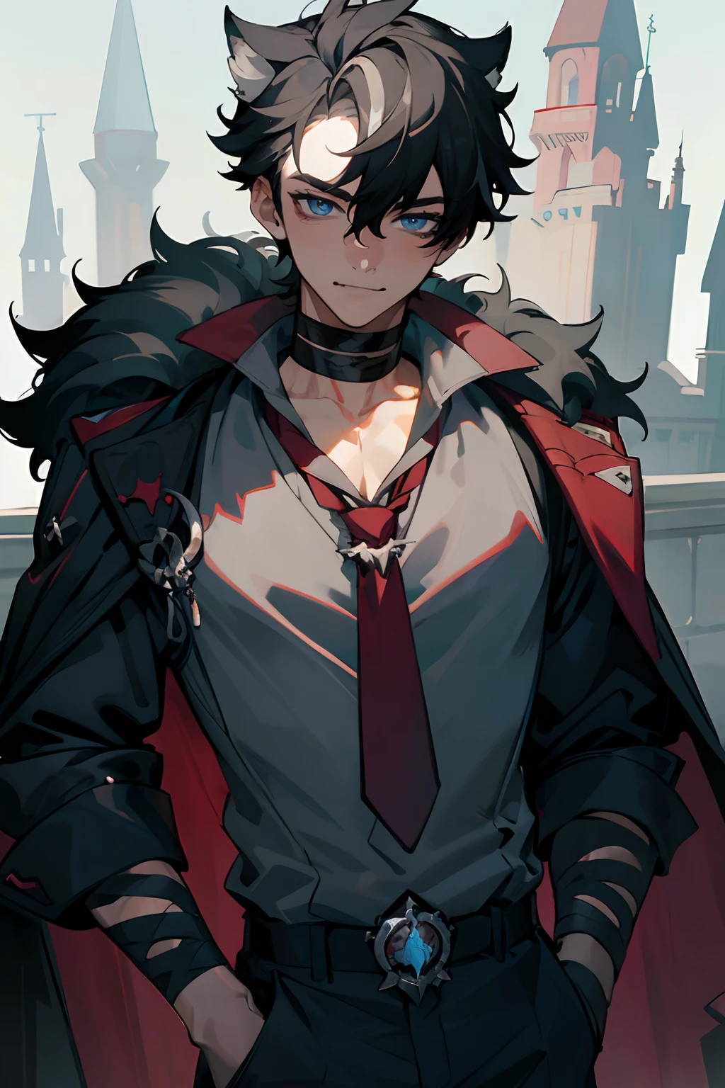 masterpiece, best quality, 1boy, wriothesley, black hair, multicolored hair, short hair, blue eyes, collared shirt, red necktie, jewelry, choker, black fur-trimmed coat on shoulders, sleeves rolled up, upper body, castle background, smile, fangs, cowboy shot, hand on waist