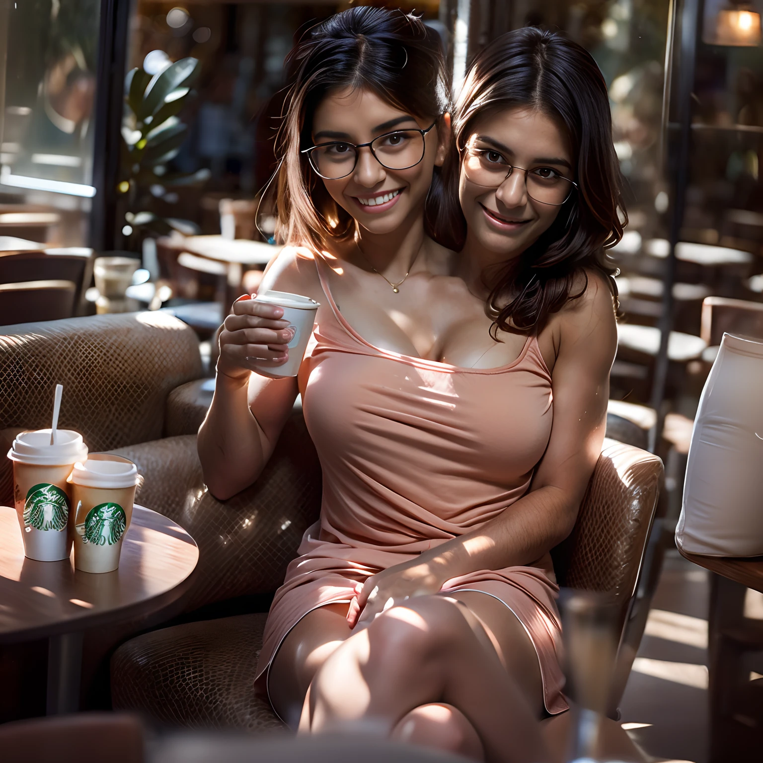 2heads:1.5, chilean girl, 18 years old, black straight hair, hair down, hair in a bun, very thick rimmed glasses, smiling skinny, wearing a black and white loose dress, gums visible in smile, delicate body hair visible, visible acne on forehead, sipping a coffee cup, sitting at a busy Starbucks, very detailed and realistic skin with some body hair on arms, some minor blemishes on face, acne,pov, looking away into the distance, twilight lighting,