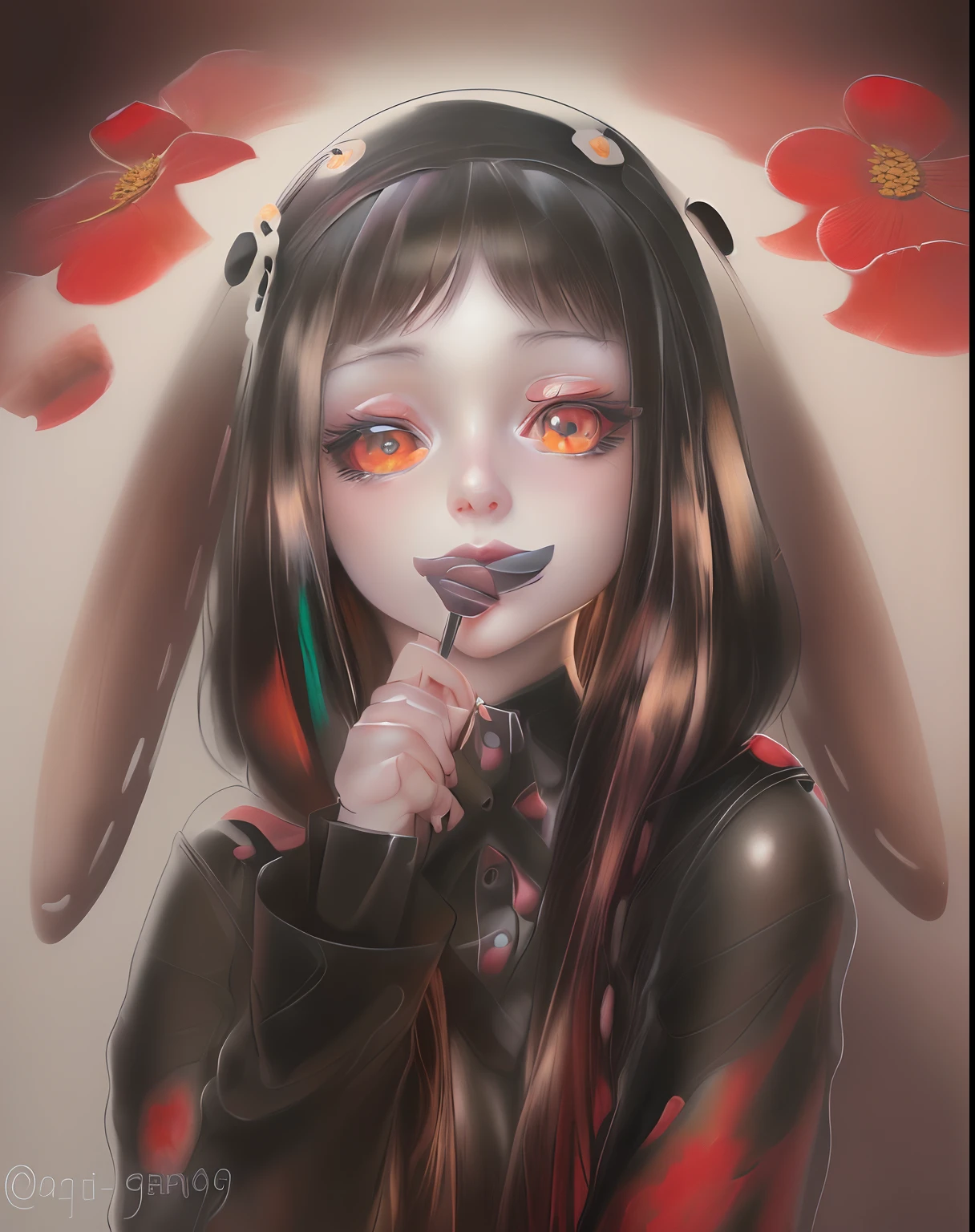(realistic,anime,flowers,black,red),(best quality,ultra-detailed,photorealistic,masterpiece:1.2),(oil painting,aesthetic),(girls:1.1),(beautiful detailed eyes,beautiful detailed lips,extremely detailed eyes and face,long eyelashes),(colorful background),(soft lighting),(subtle shadows)