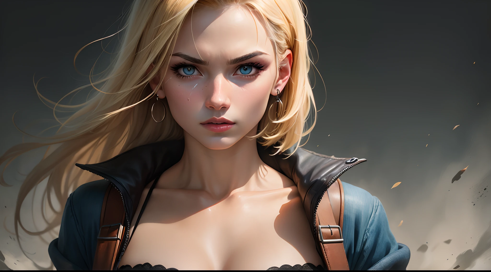 Android 18 realistic look with dark aesthetic background