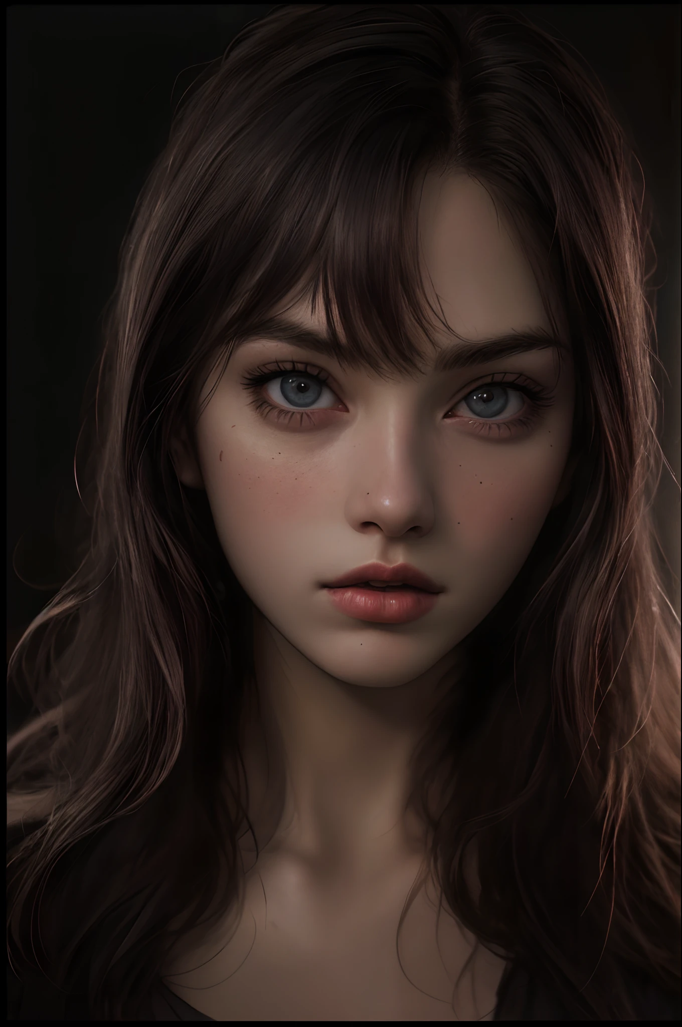 (close-up, editorial color photograph of a 21 year old woman), (highly detailed face:1.4) (background inside dark, moody, private study:1.3) POV, by lee jeffries, nikon d850, film stock photograph ,4 kodak portra 400 ,camera f1.6 lens ,rich colors ,hyper realistic ,lifelike texture, cinematic lighting, strong contrast, cinestill 800