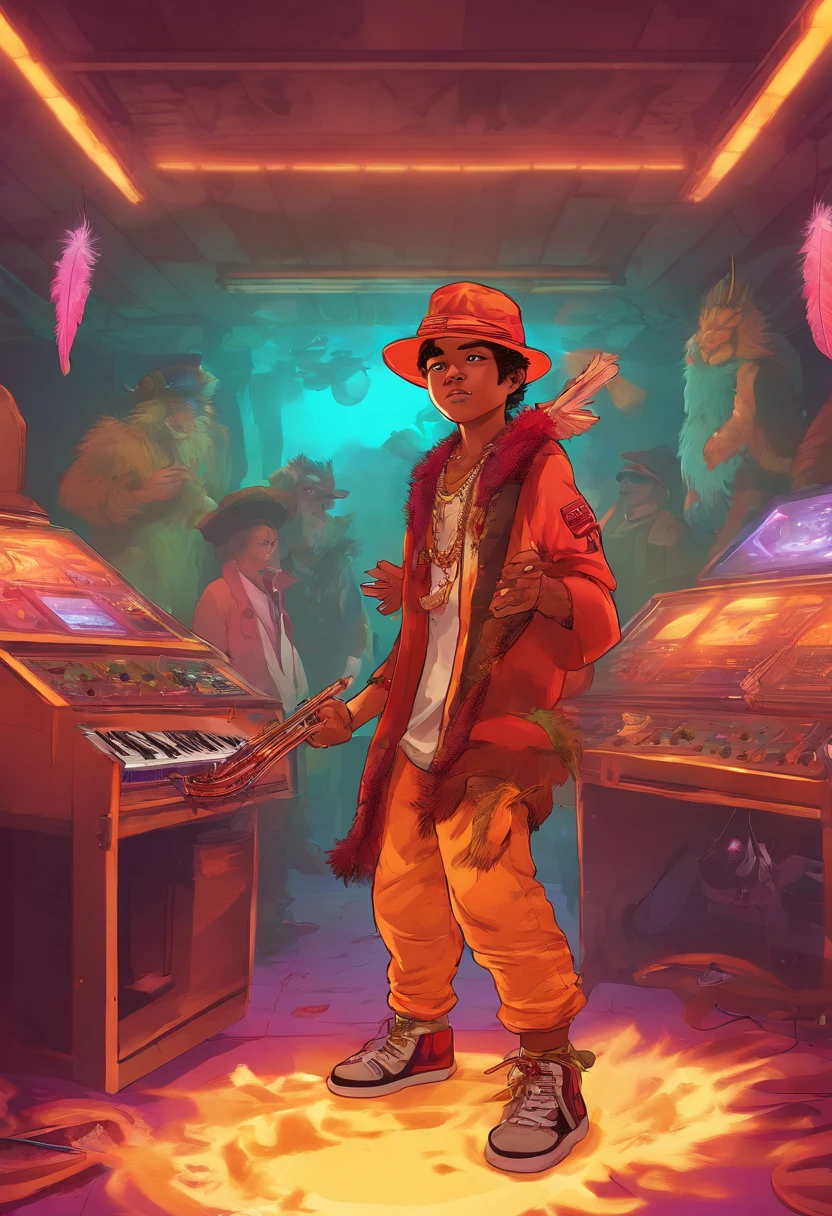11 yo boy wearing a tunic with animal skins, long pants and a hat with feathers, in an underground music club full of percussion instruments fantasy, (full body shot), cinematic lighting, perfect composition, illustration, Generate Artwork , Glassmorphism