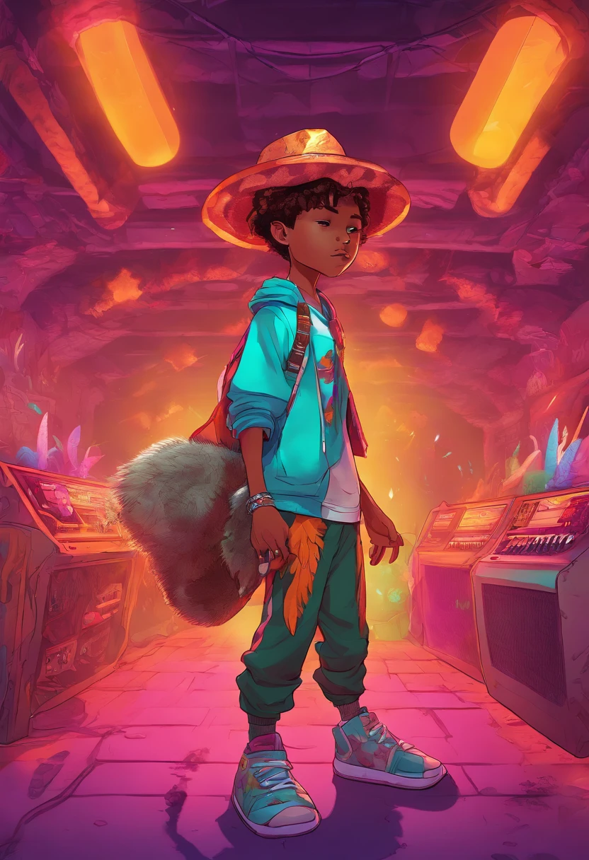 11 yo boy wearing a tunic with animal skins, long pants and a hat with feathers, in an underground music club full of percussion instruments fantasy, (full body shot), cinematic lighting, perfect composition, illustration, Generate Artwork , Glassmorphism