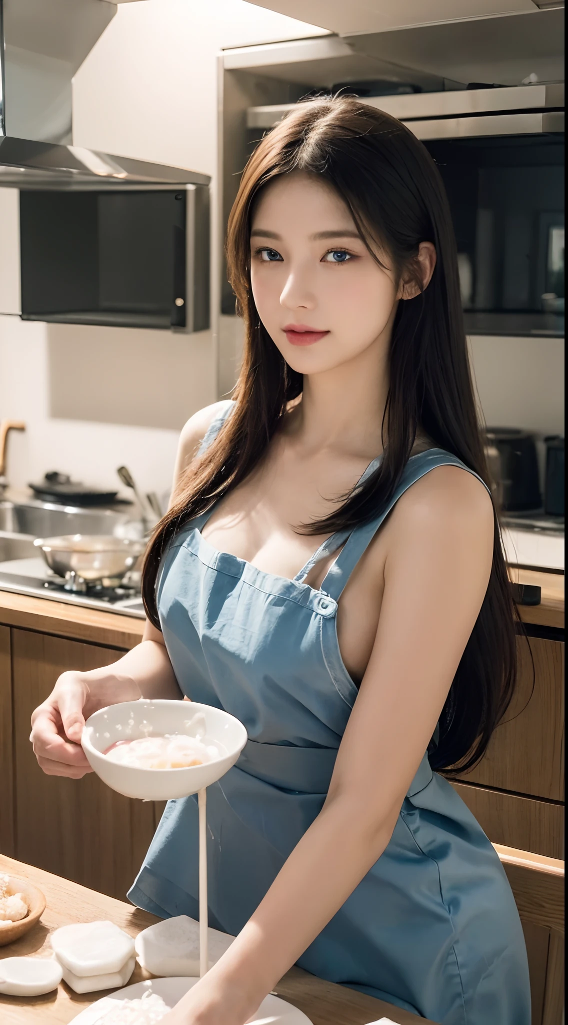 (Best quality,Ultra-detailed,Realistic:1.37),sliver long hair,Fantastic blue eyes,Happy woman beating eggs with chopsticks,Soft lighting,pink apron,illustration