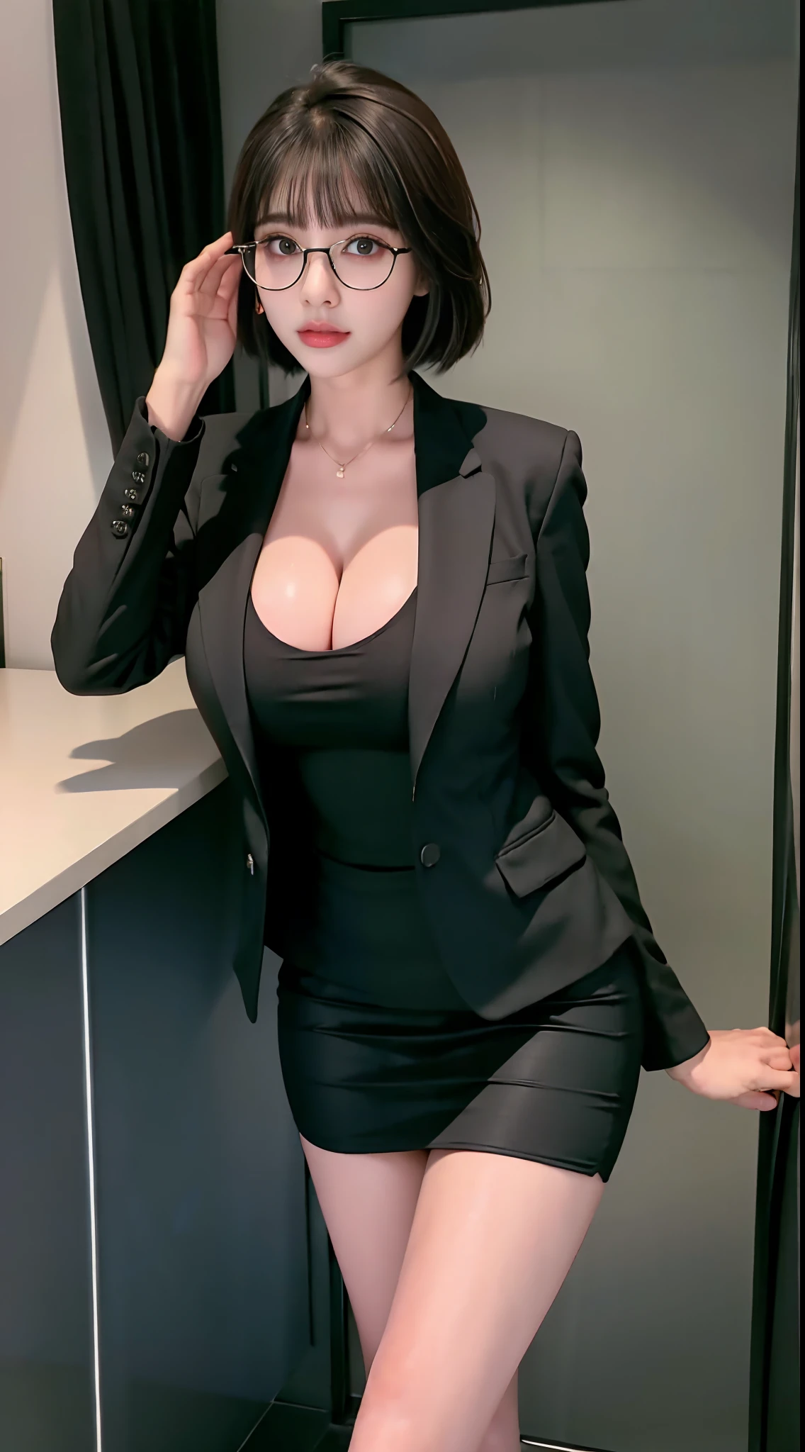 there is a woman in a black jacket and short skirt posing for a picture, huge fake boobs, sexy body, slim waist, big butt, short hair, glasses, business clothes, generous cleavage open jacket, wearing black business suit, girl in suit, wearing business suit, office clothes, wearing a black noble suit, girl in a suit, open jacket, woman in black business suit, ji-min, with black, black business suit, business attire, full body, standing.