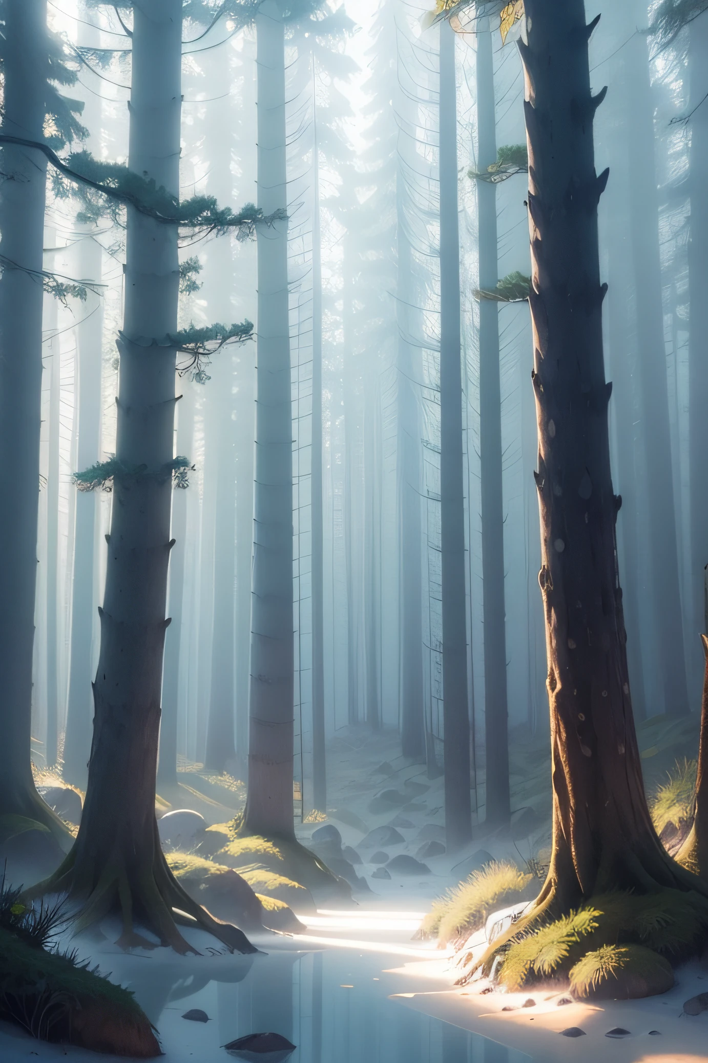 misty pine forest aquarel on white background