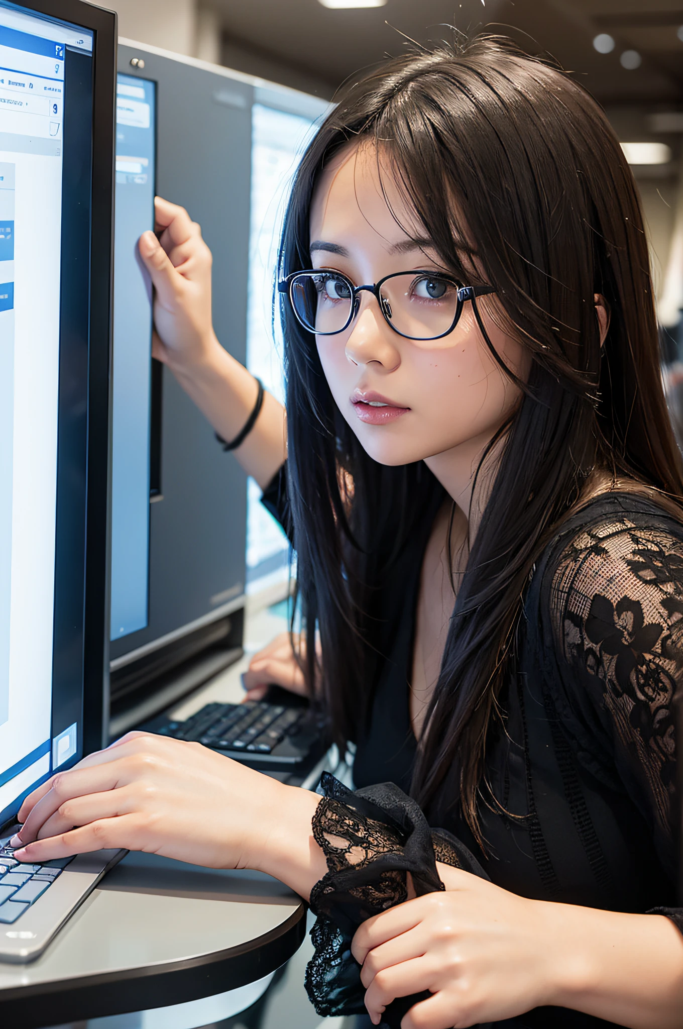 1 woman, watch a computer screen