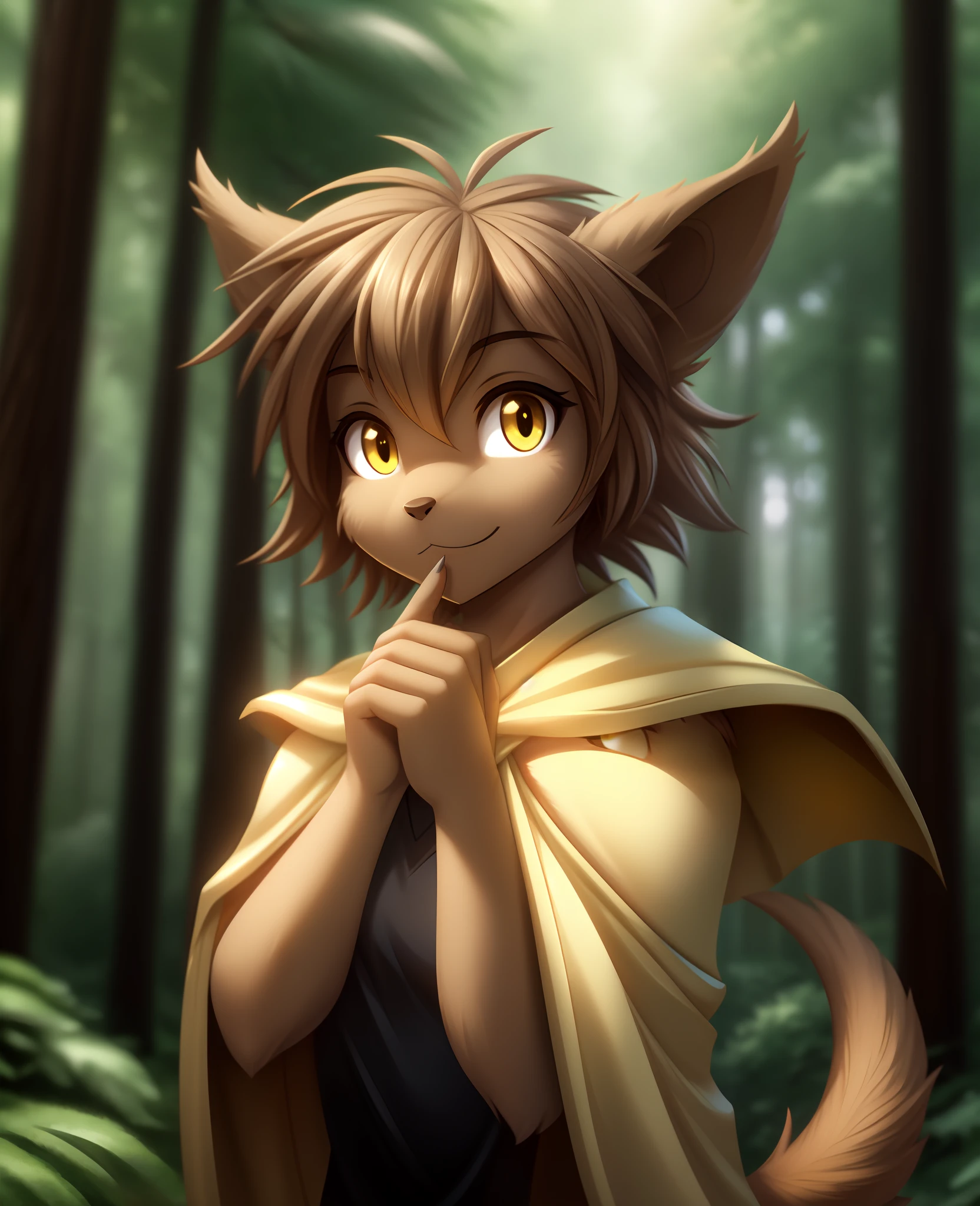 Madelyn , Madelyn Adelaide, twokids, (best quality, masterpiece:1), solo, furry female anthro, yellow eyes, short hair, light brown hair, portrait, fingers, finger claws, looking at viewer, tail, ear raised, (outdoors dark forest trees blurry blurred background:1.1), black shirt, yellow cape